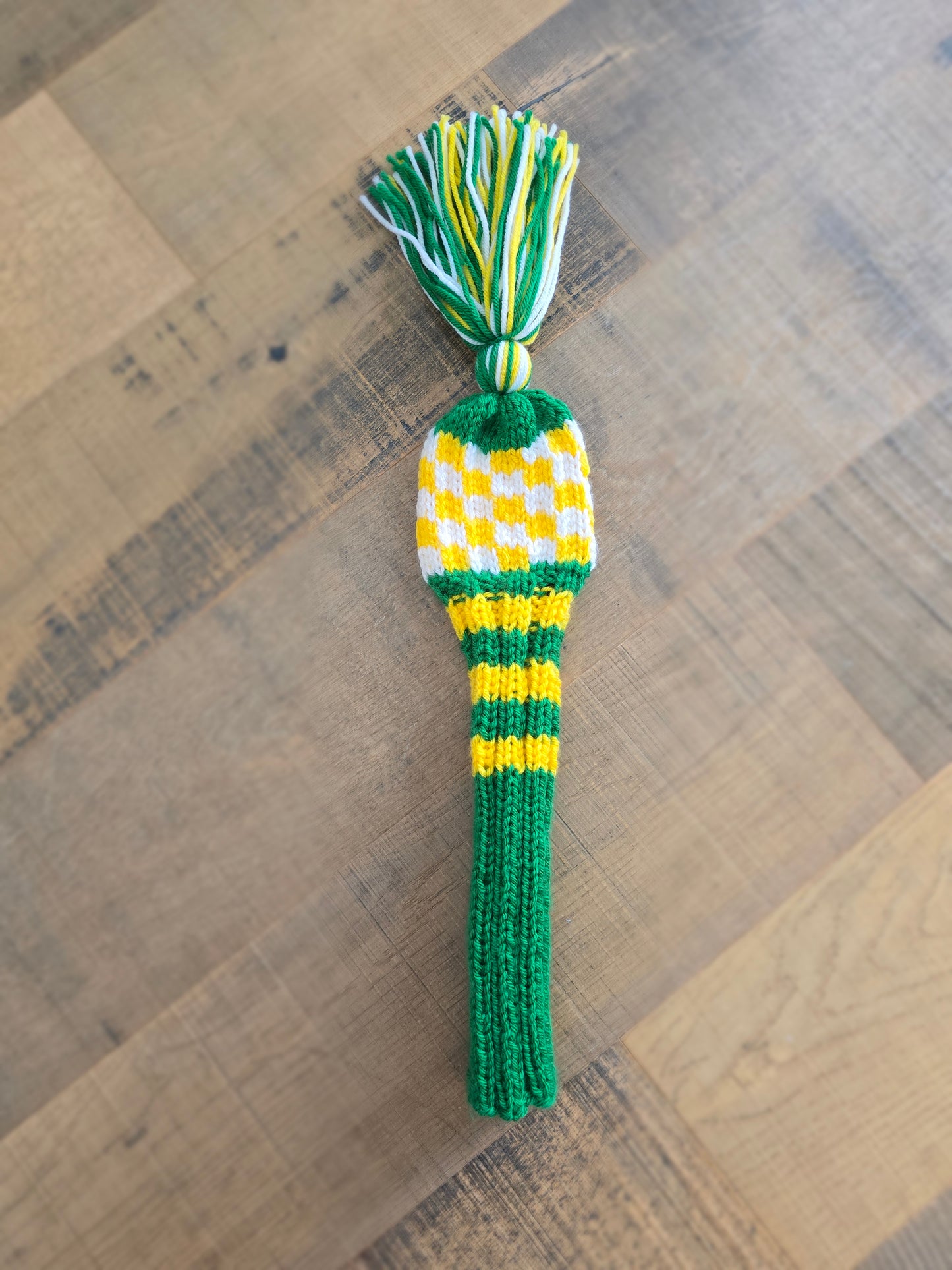 One Hand Knit Golf Club Head Covers Retro-Vintage Green, Yellow & White with Tassel for 5 Wood Custom for Eric