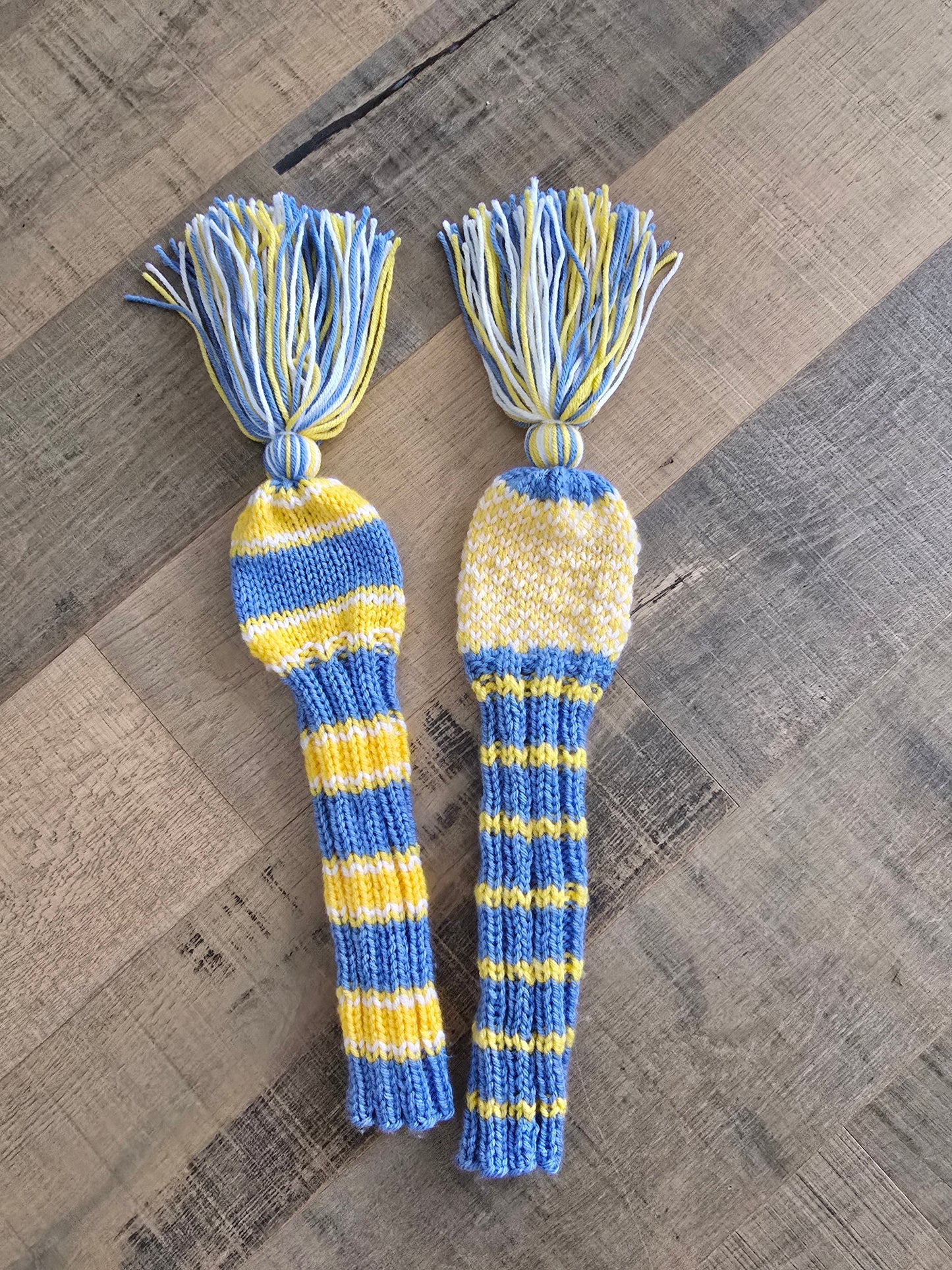 Hand Knit Golf Club Head Covers Retro-Vintage Blue, Yellow & White with Tassels for Fairway Woods