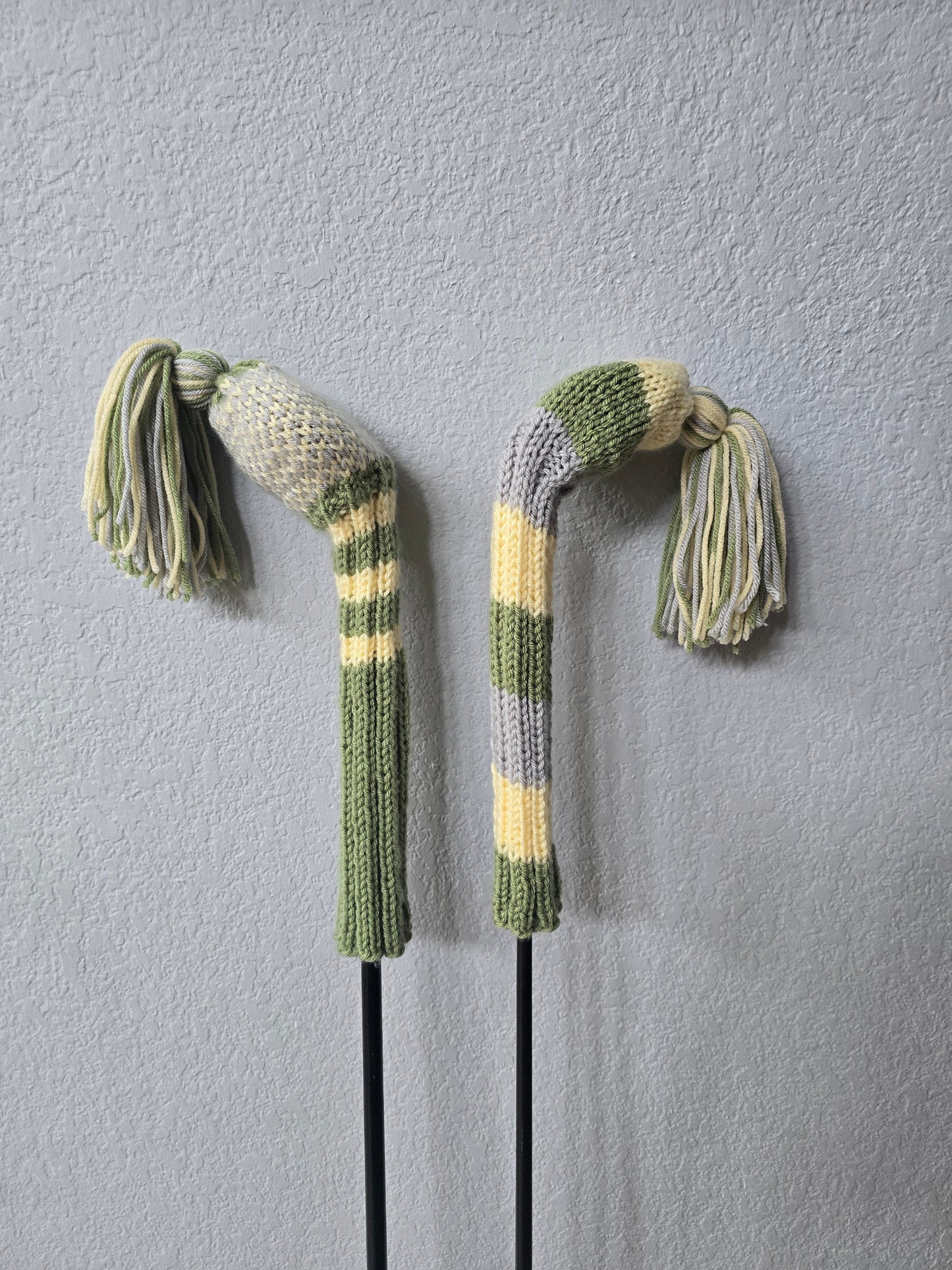 Two Golf Club Head Covers Retro-Vintage Green, Yellow & Gray with Tassels for Fairway Woods