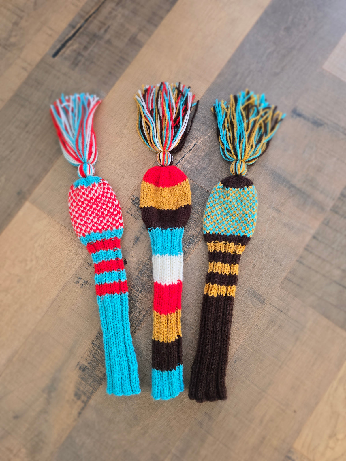 Hand Knit Golf Club Head Covers Retro-Vintage Multi Colored with Tassels for Driver & Fairway Woods Golf Gift