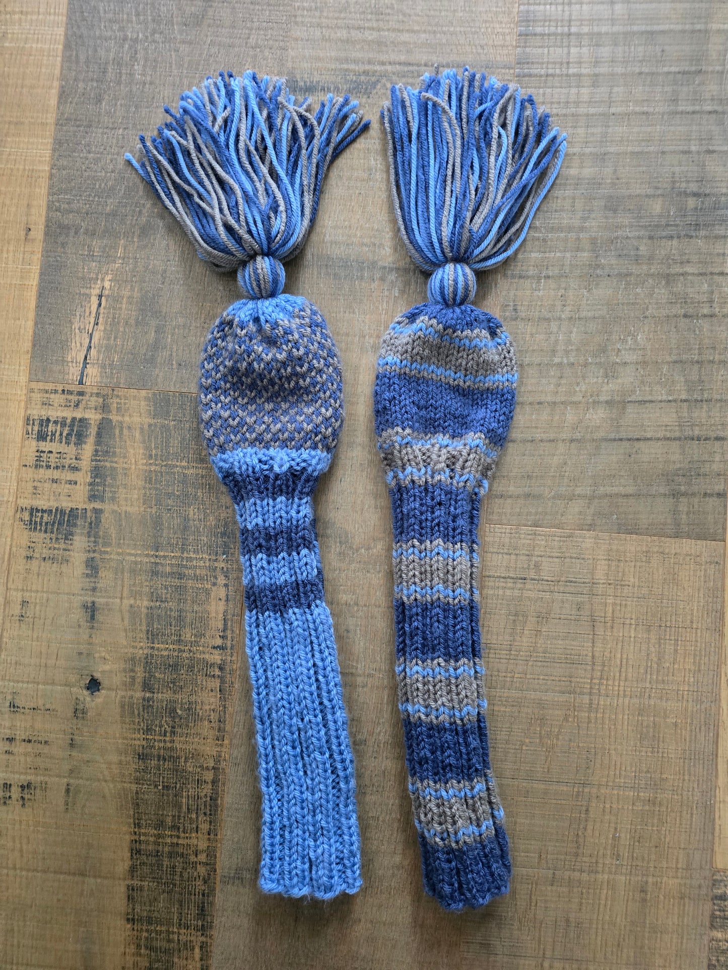 Hand Knit Golf Club Head Covers Retro-Vintage Black, Blue & Gray with Tassels for Fairway Woods