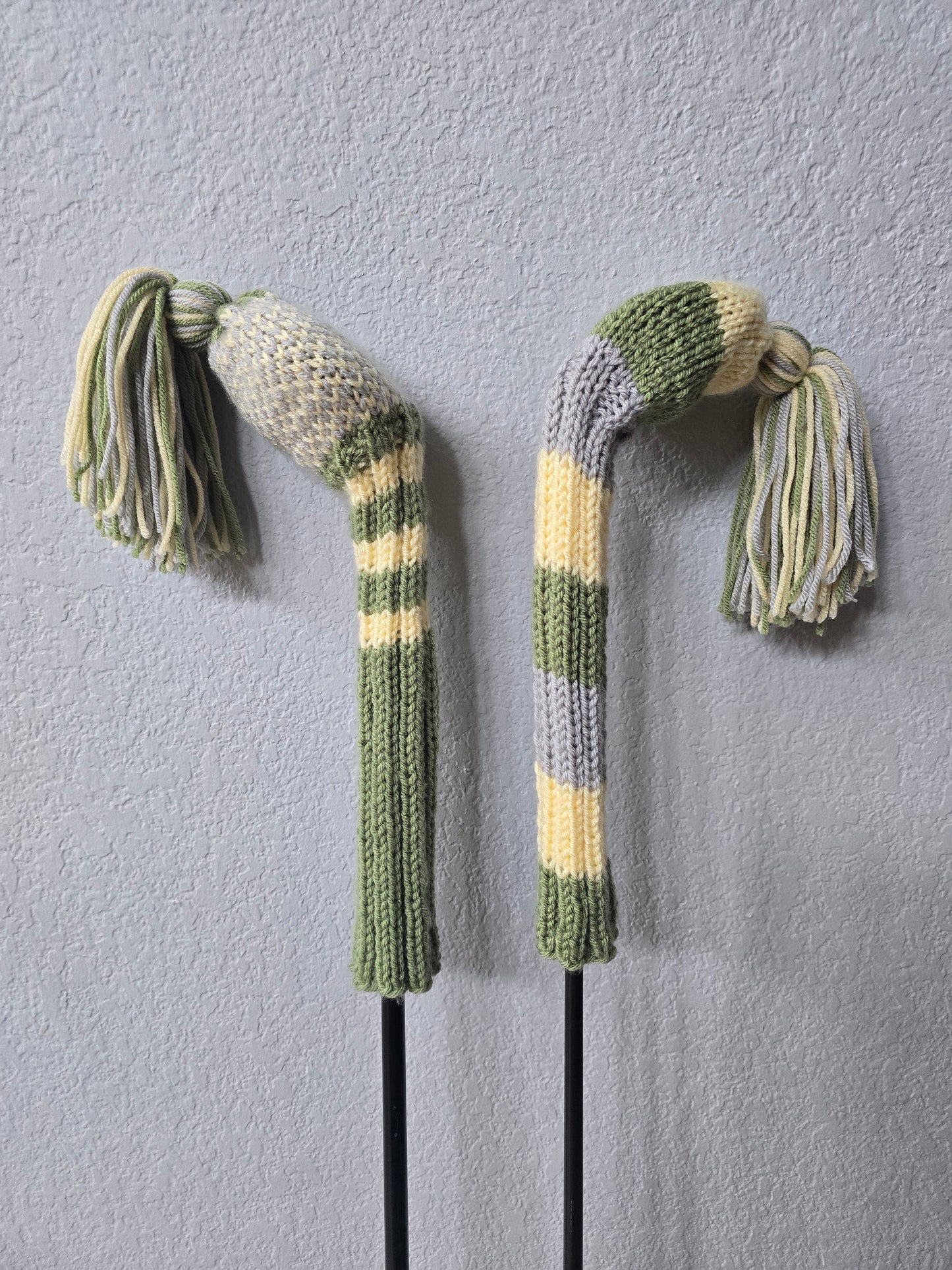 Two Golf Club Head Covers Retro-Vintage Green, Yellow & Gray with Tassels for Fairway Woods