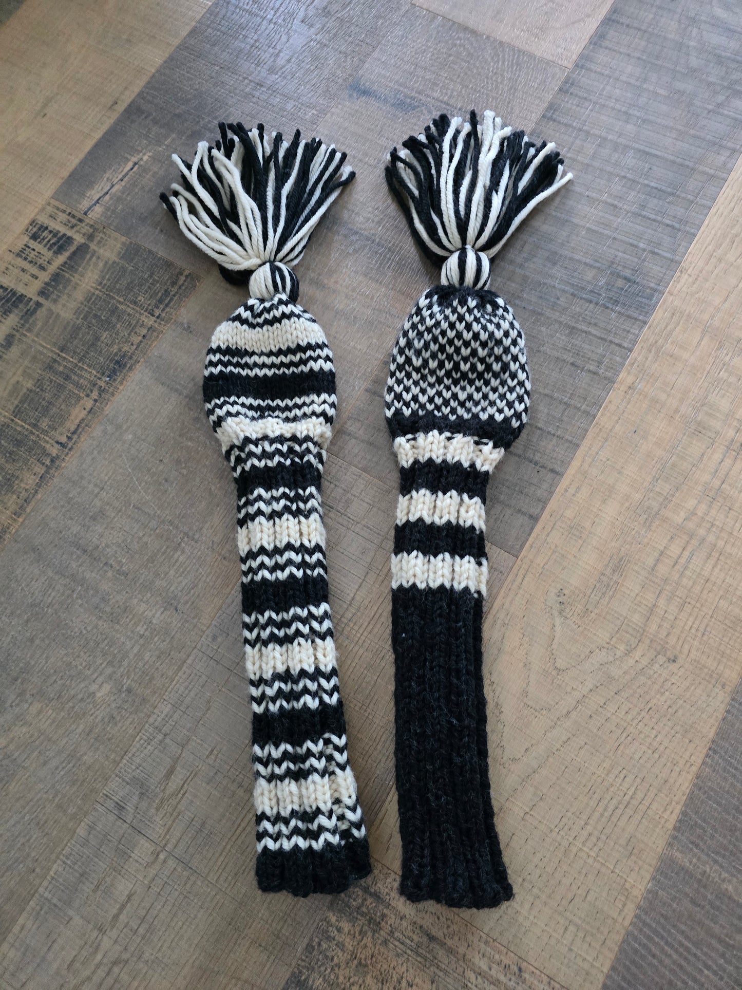 Two 100% Wool Hand Knit Golf Club Head Cover Retro-Vintage Dark Gray & Ivory with Tassel for Fairway Woods