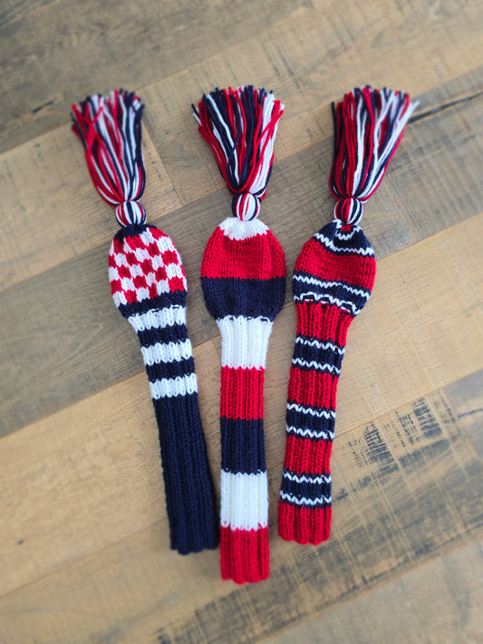 Three Hand Knit Golf Club Head Covers Retro-Vintage Red, White & Blue with Tassels for Driver,Fairway Wood and Hybrid