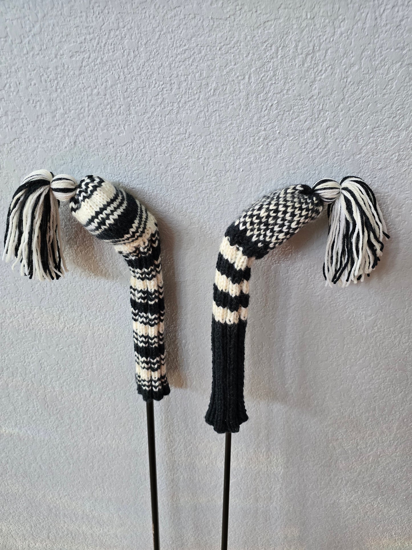 Two 100% Wool Hand Knit Golf Club Head Cover Retro-Vintage Dark Gray & Ivory with Tassel for Fairway Woods