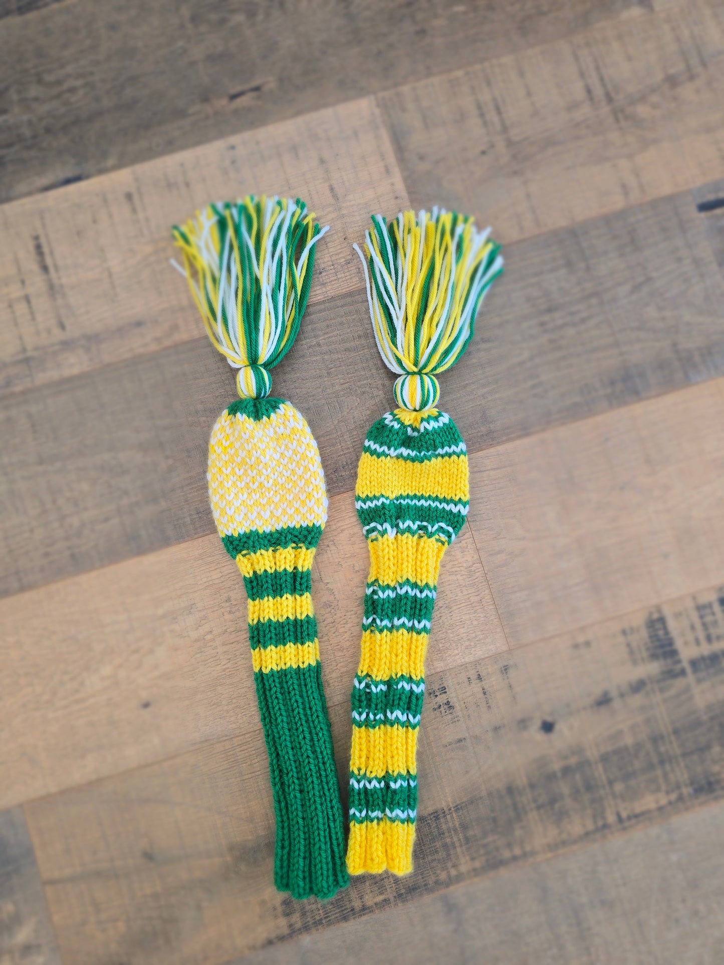 Hand Knit Golf Club Head Covers Retro-Vintage Green, Yellow & White with Tassels for Fairway Woods