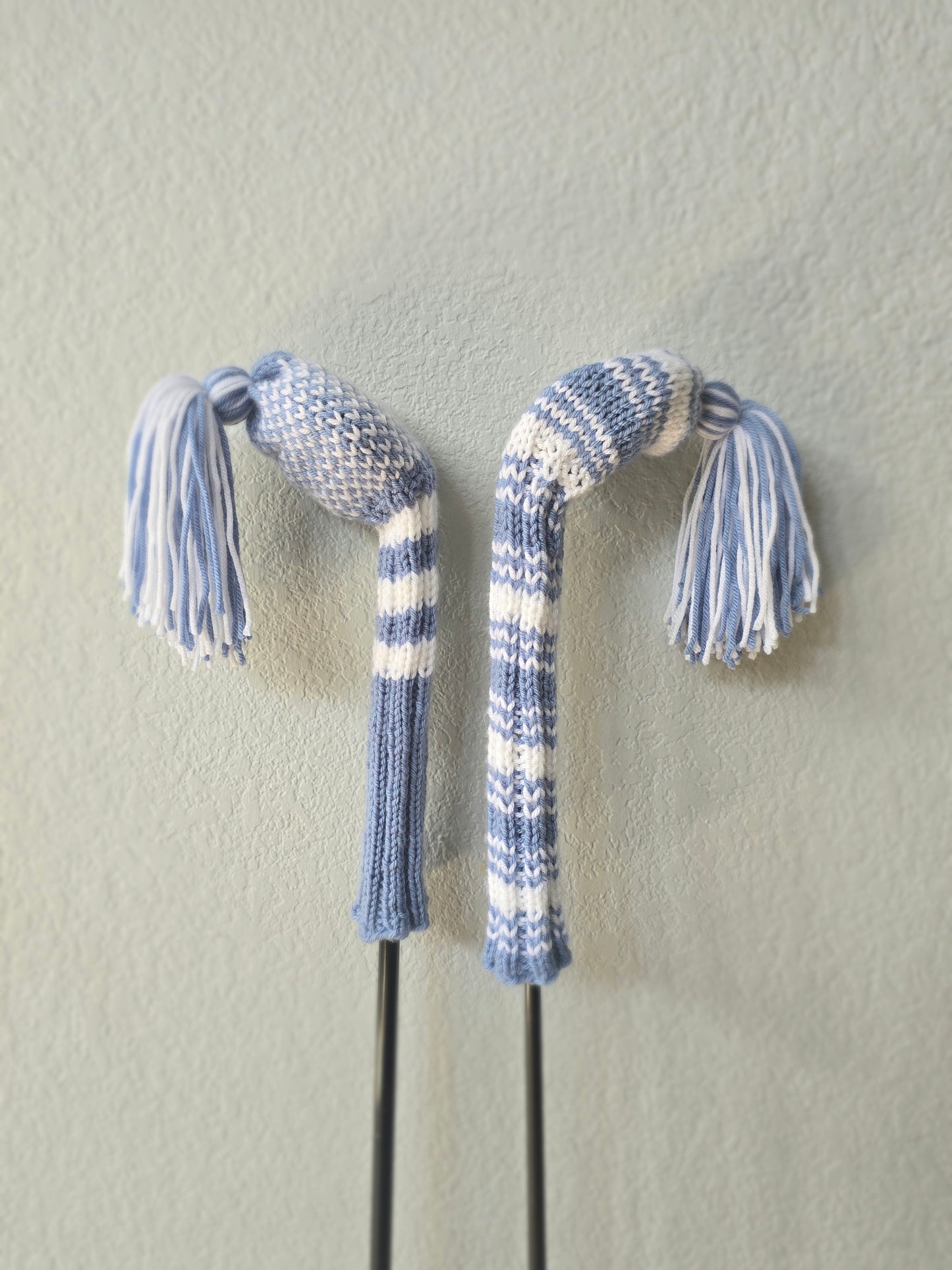 Two Hand Knit Golf Club Head Covers Retro-Vintage Dusty Blue & White with Tassels for Woods