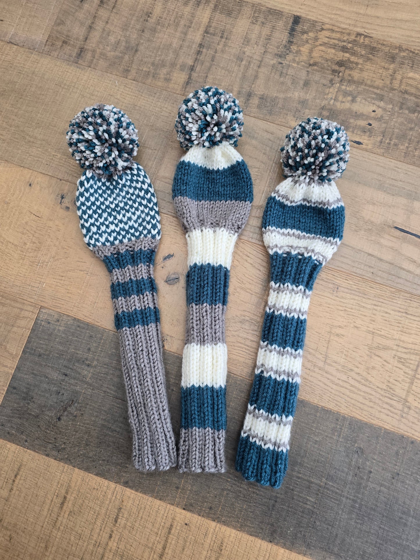 Golf Club Head Covers Retro-Vintage Teal, Gray and Off White with Pom Poms for Drivers, Woods Hand Knit Golf Accessory