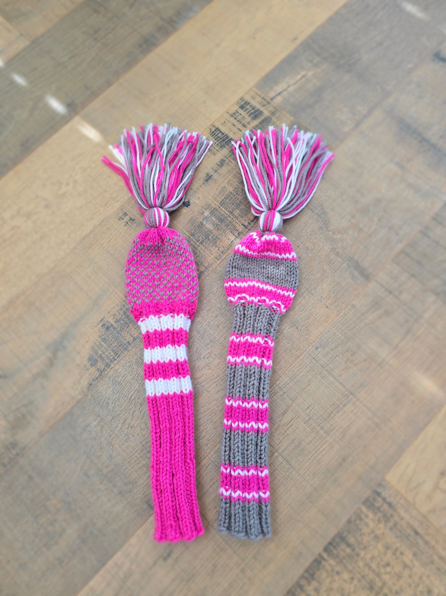 Two Golf Club Head Covers Retro-Vintage Pink, Gray & White with Tassels for Fairway Wood & Driver