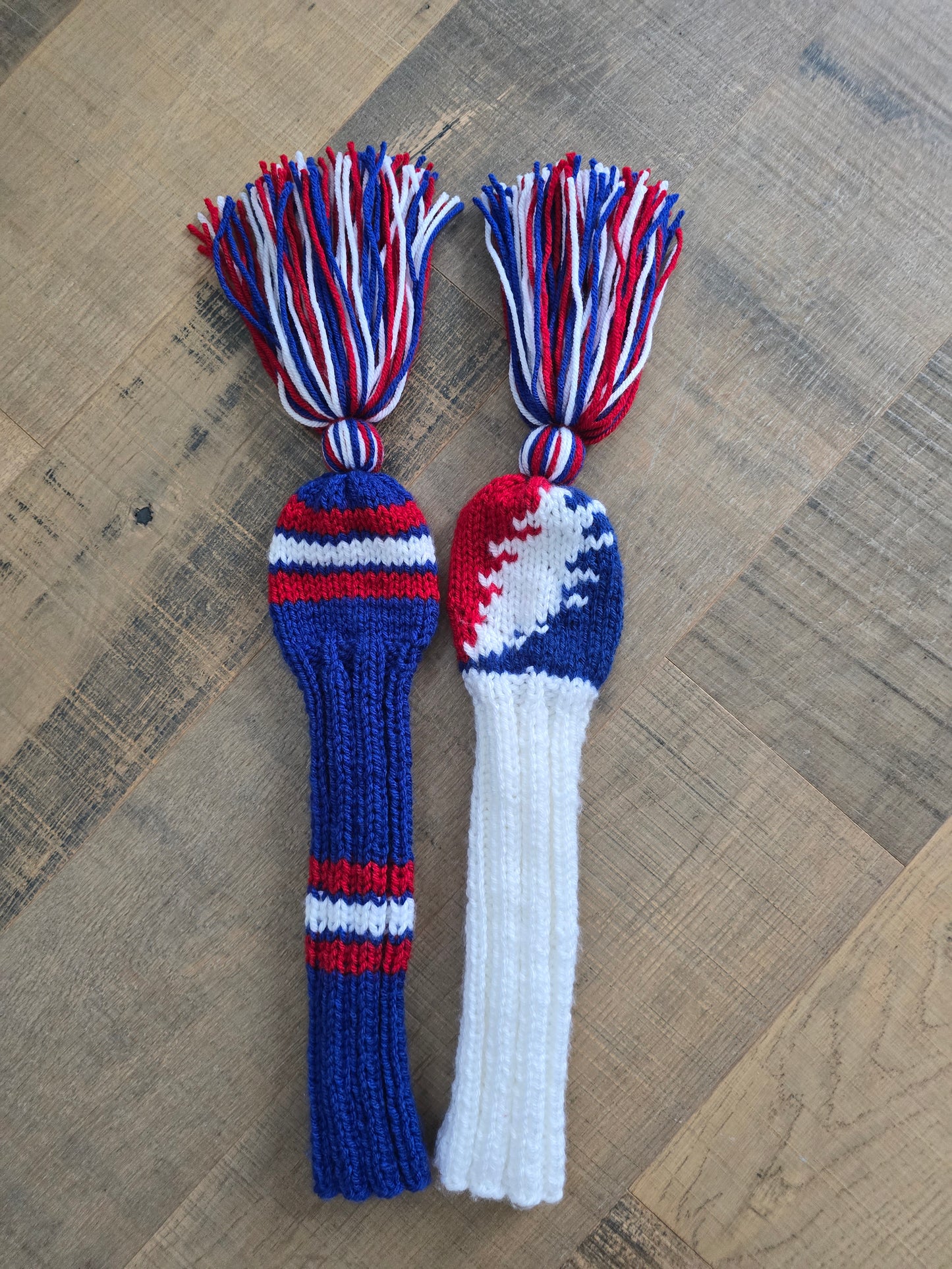 Hand Knit Golf Club Head Covers Retro-Vintage Custom Red, White and Blue Set of Two for Hybrids for Wes