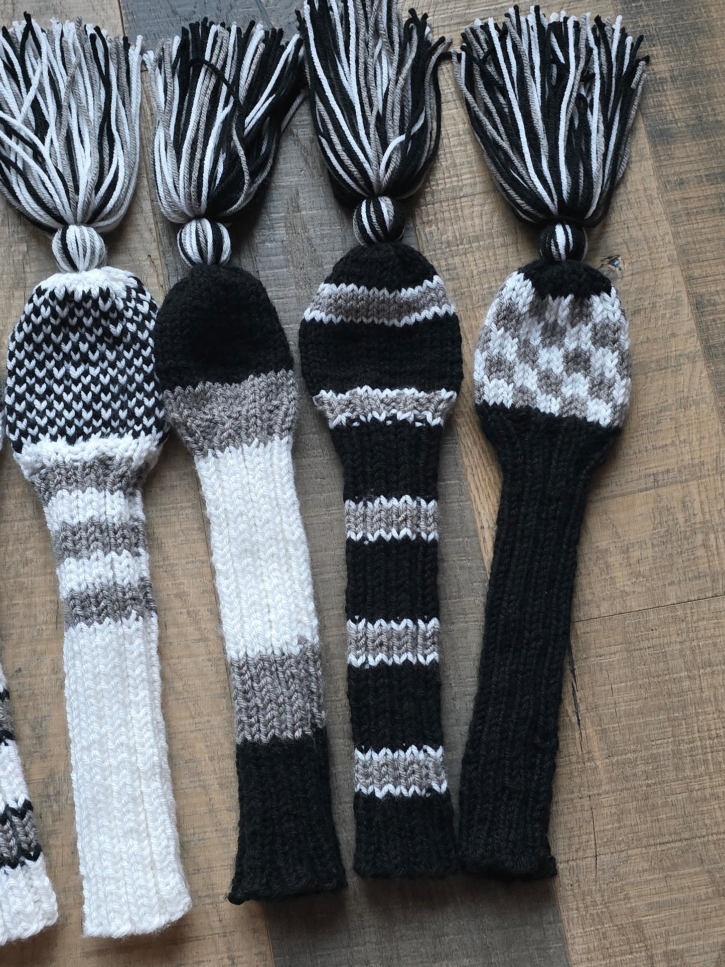Three Sets Hand Knit Golf Club Head Covers Retro-Vintage Black, Gray and White with Tassels for Woods & Hybrid Clubs Custom for Jeff