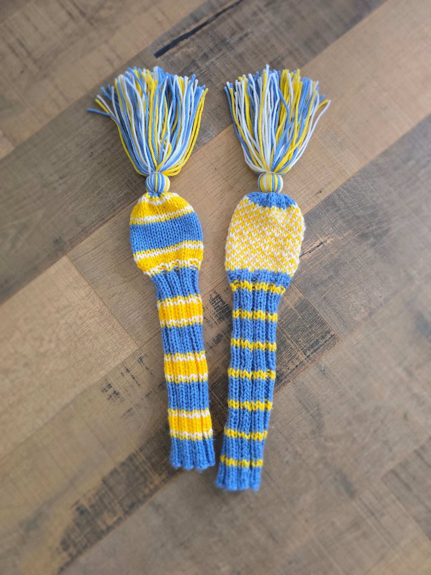 Hand Knit Golf Club Head Covers Retro-Vintage Blue, Yellow & White with Tassels for Fairway Woods