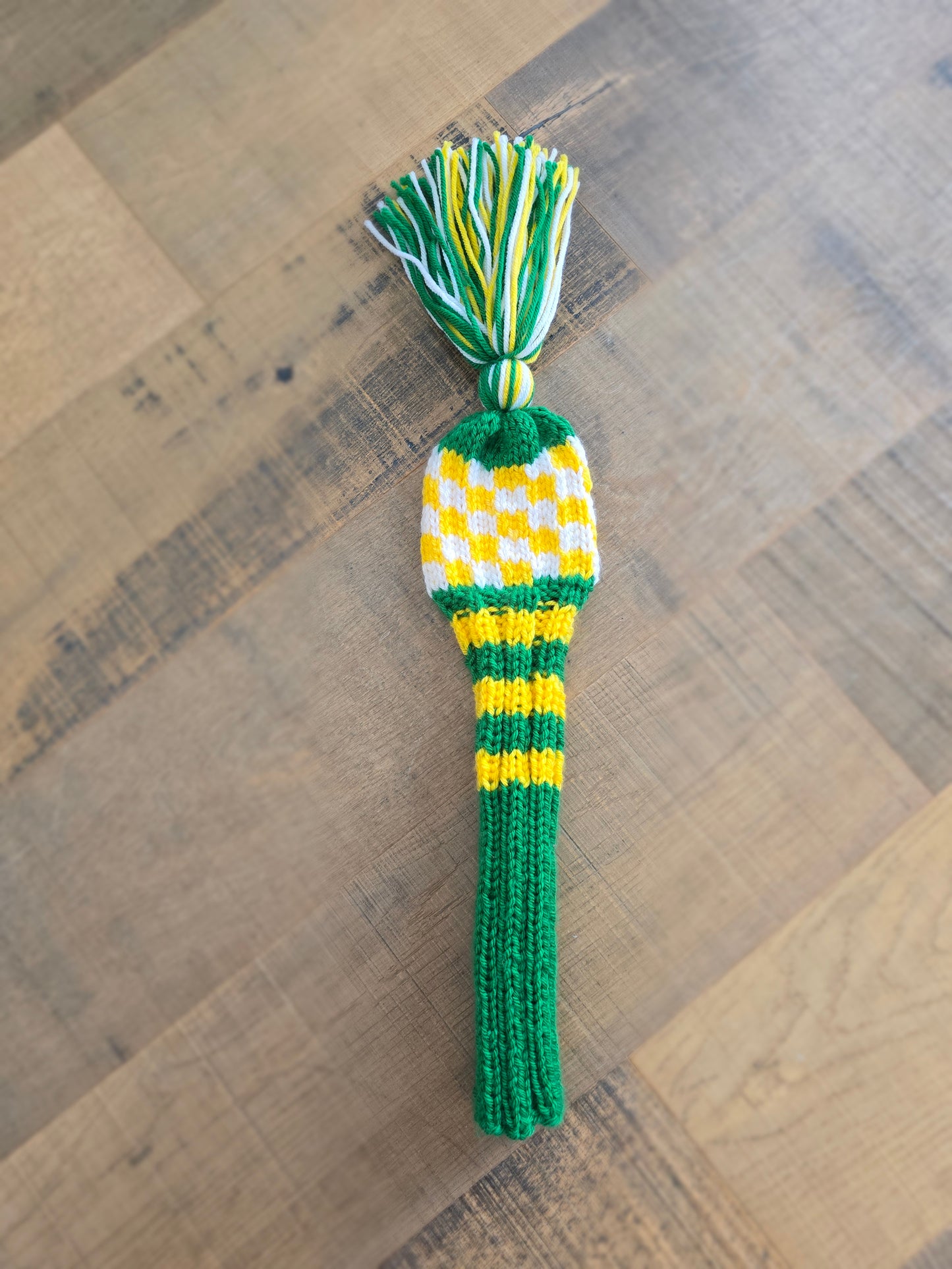 One Hand Knit Golf Club Head Covers Retro-Vintage Green, Yellow & White with Tassel for 5 Wood Custom for Eric