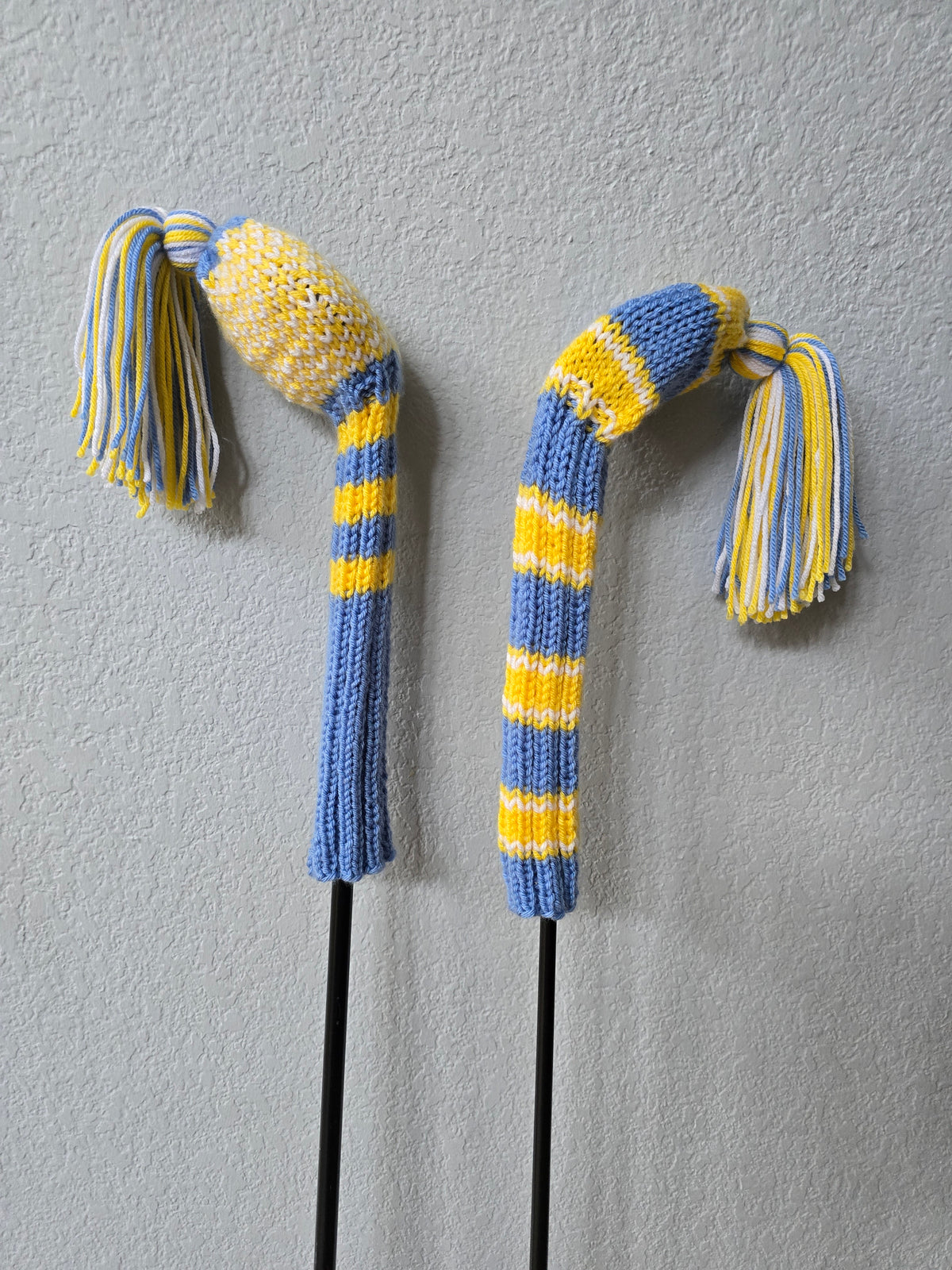 Hand Knit Golf Club Head Covers Retro-Vintage Blue, Yellow & White with Tassels for Fairway Woods