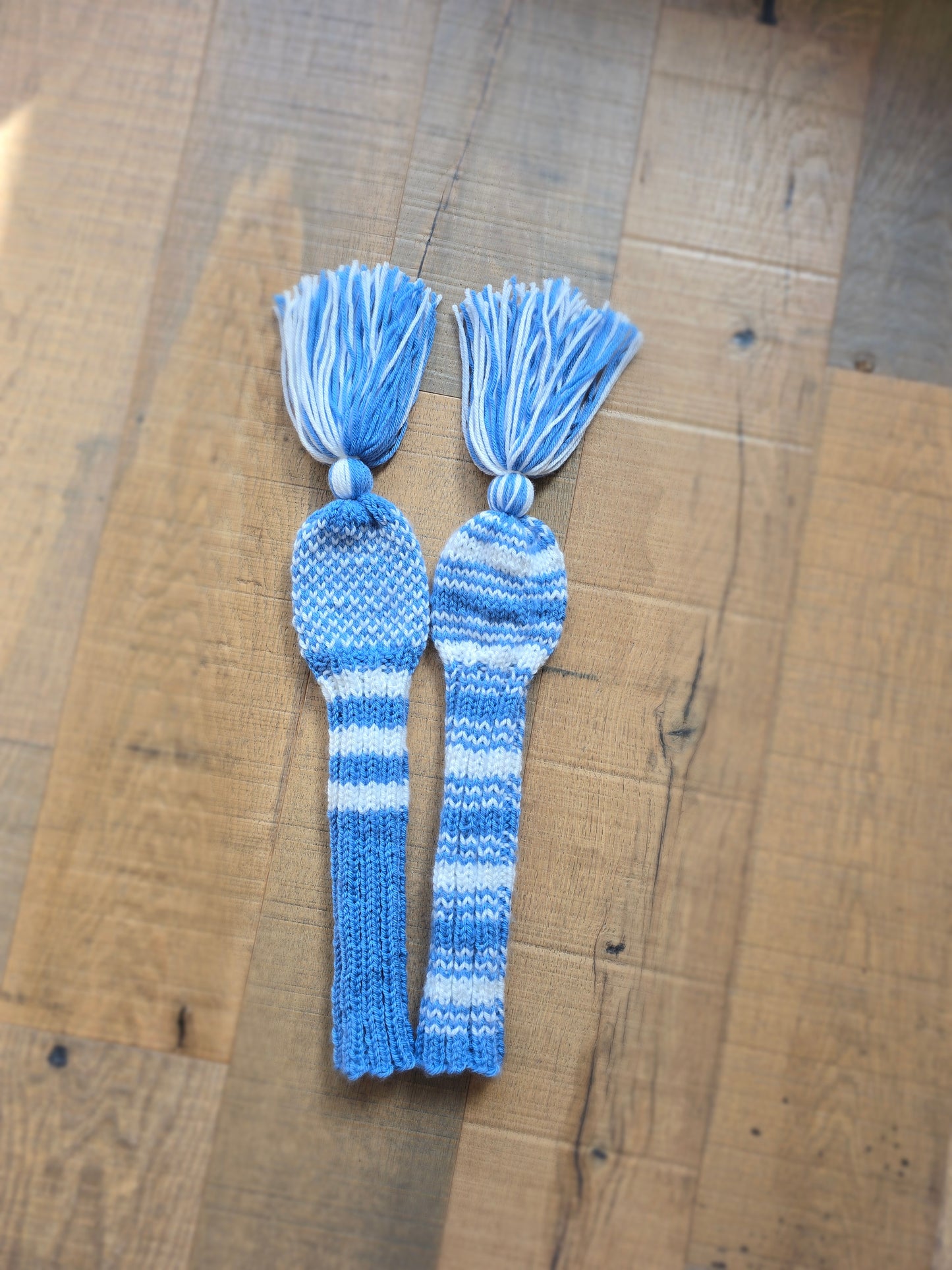 Two Hand Knit Golf Club Head Covers Retro-Vintage Blue & White with Tassels for Woods