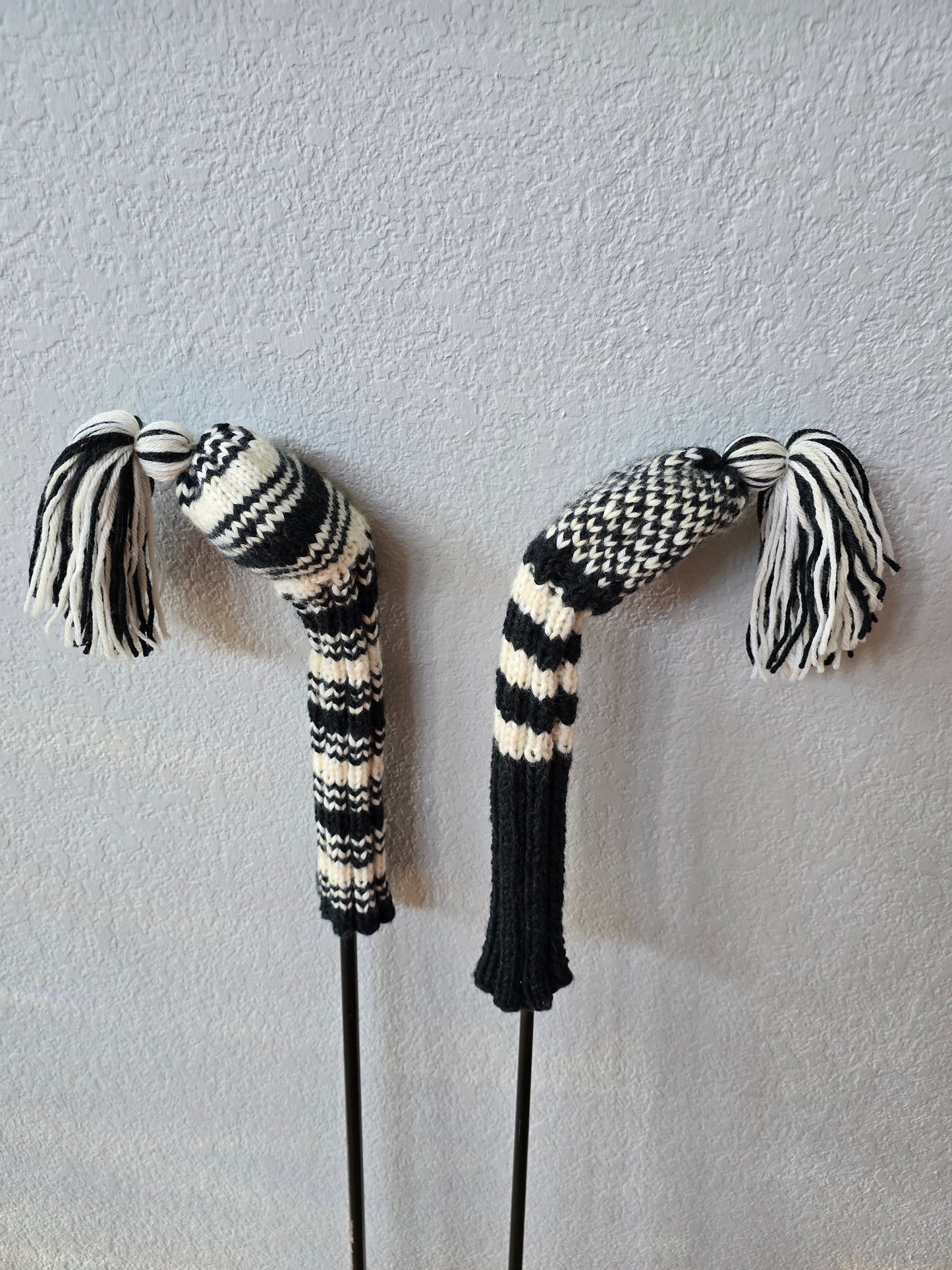 Two 100% Wool Hand Knit Golf Club Head Cover Retro-Vintage Dark Gray & Ivory with Tassel for Fairway Woods