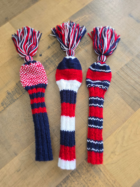 Three Hand Knit Golf Club Head Covers Retro-Vintage Red, White & Blue with Tassels for Driver, Fairway Wood and Hybrid