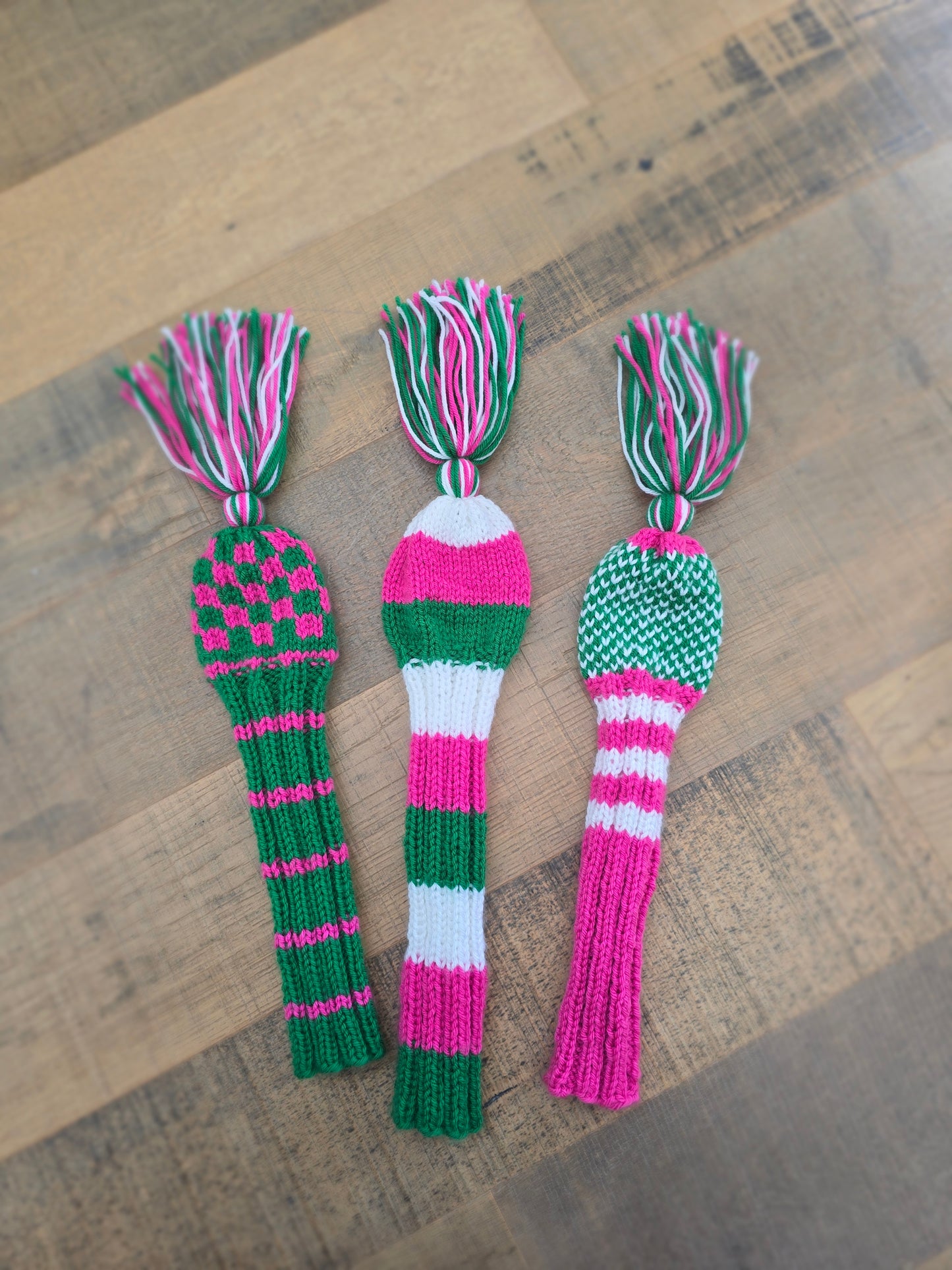 Golf Club Head Covers Retro-Vintage Pink, Green & White with Tassels for Drivers, Woods Hand Knit Golf Accessory