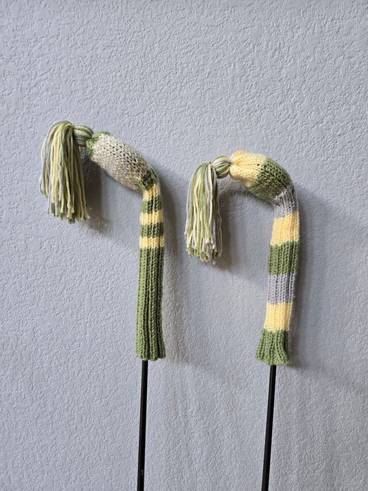 Two Golf Club Head Covers Retro-Vintage Green, Yellow & Gray with Tassels for Fairway Woods