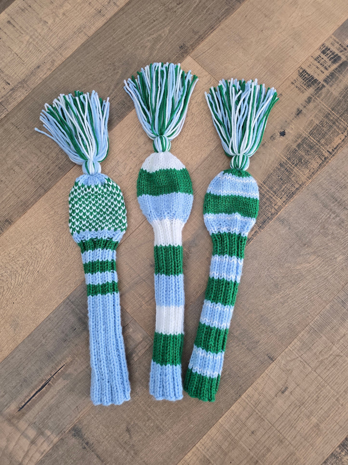 Three Golf Club Head Covers Retro-Vintage Blue, Green & White with Tassels for Drivers, Woods