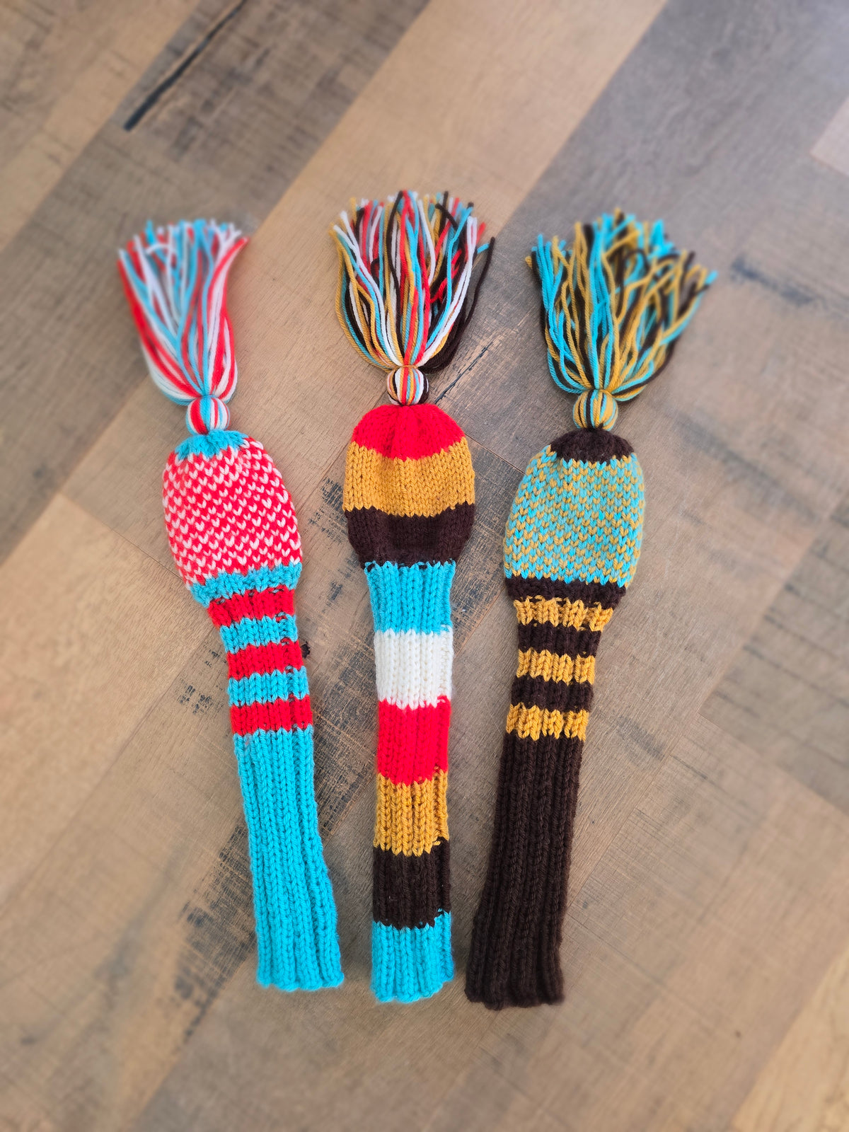 Hand Knit Golf Club Head Covers Retro-Vintage Multi Colored with Tassels for Driver & Fairway Woods Golf Gift