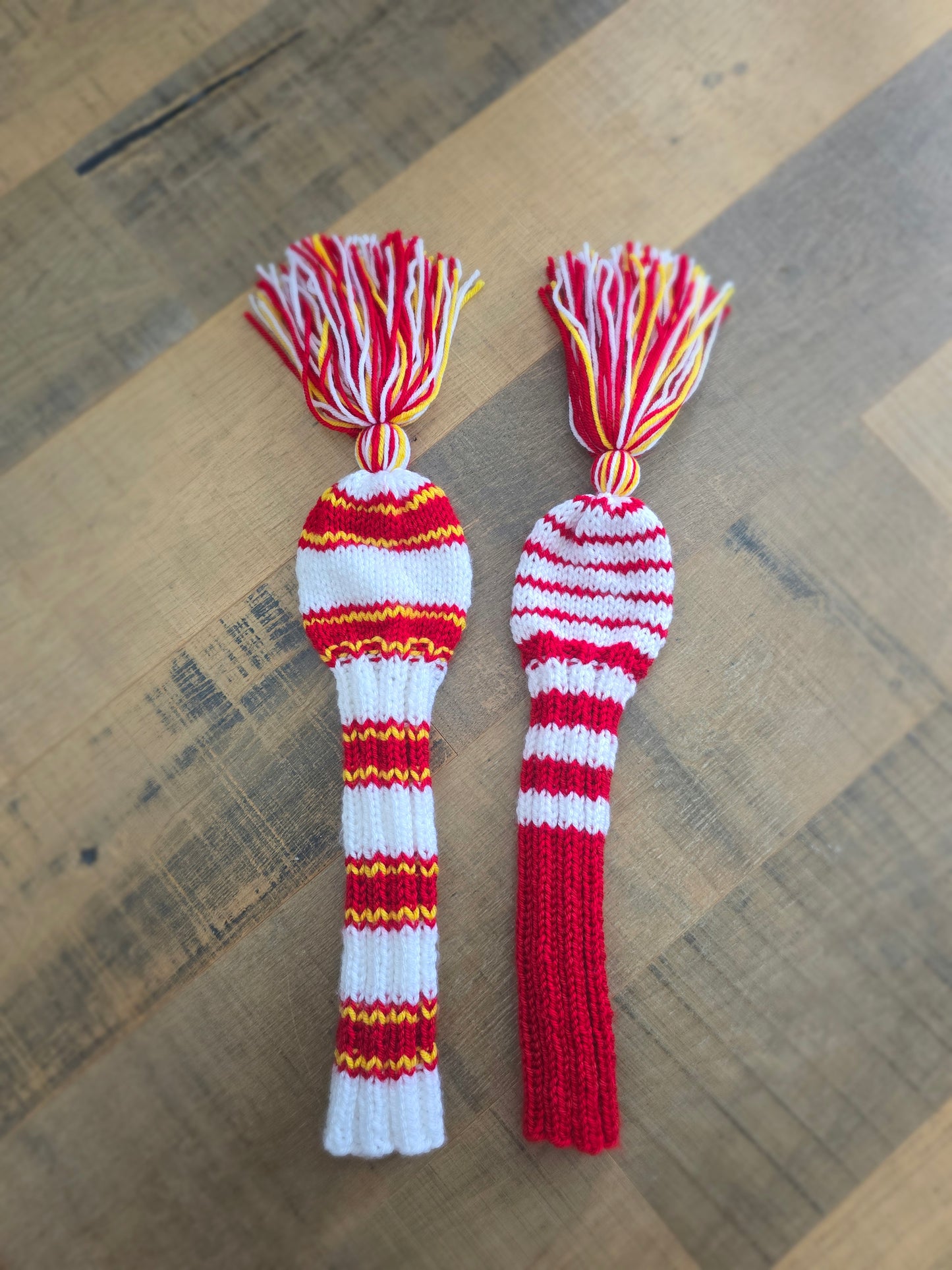 Two Golf Club Head Covers Retro-Vintage Red, Yellow & White with Tassels Driver & Fairway Wood Covers Custom for Kawika