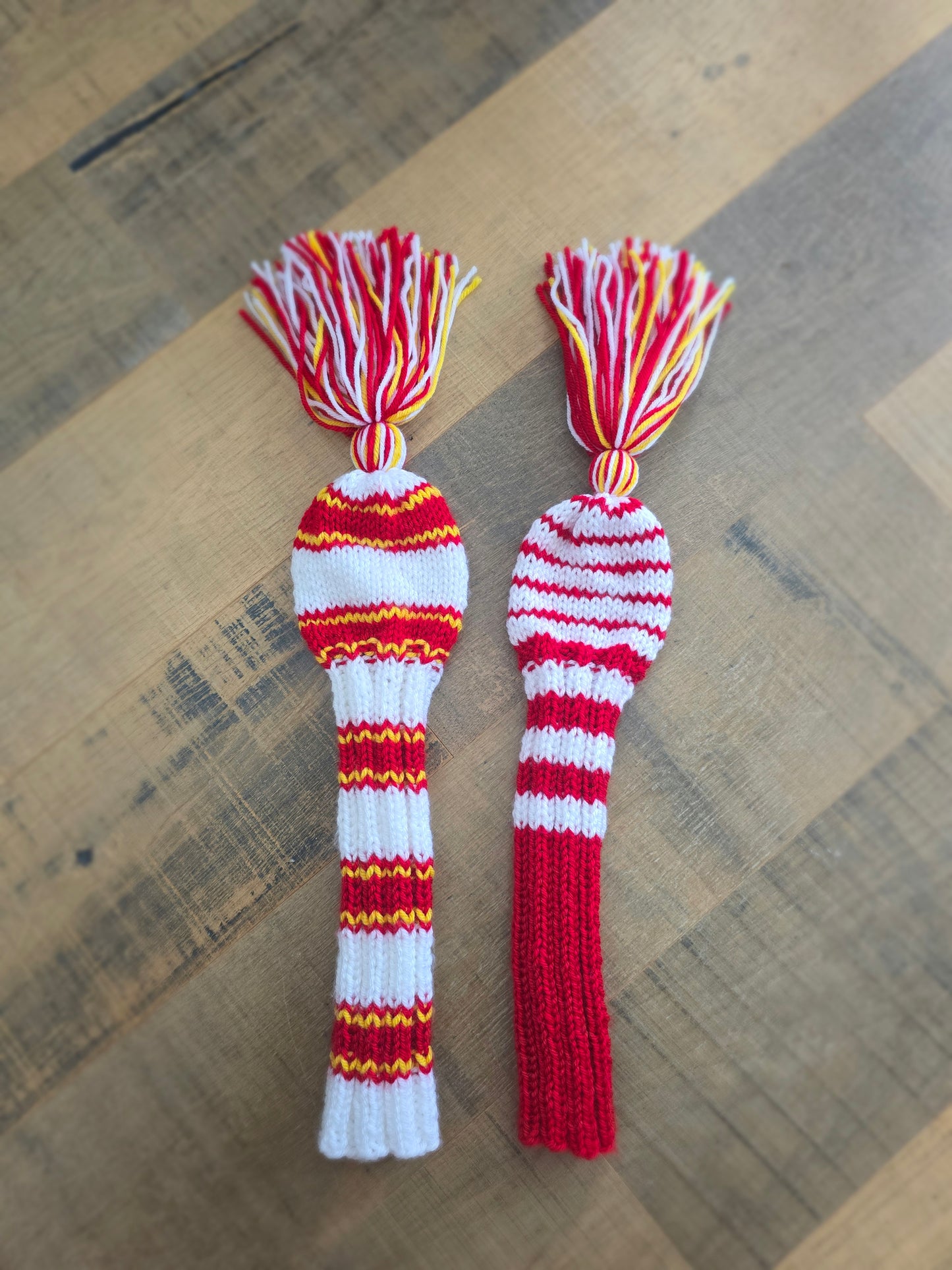 Two Golf Club Head Covers Retro-Vintage Red, Yellow & White with Tassels Driver & Fairway Wood Covers Custom for Kawika