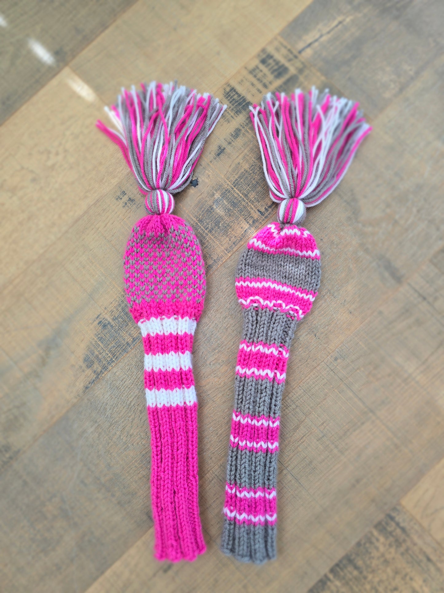 Two Golf Club Head Covers Retro-Vintage Pink, Gray & White with Tassels for Fairway Wood & Driver