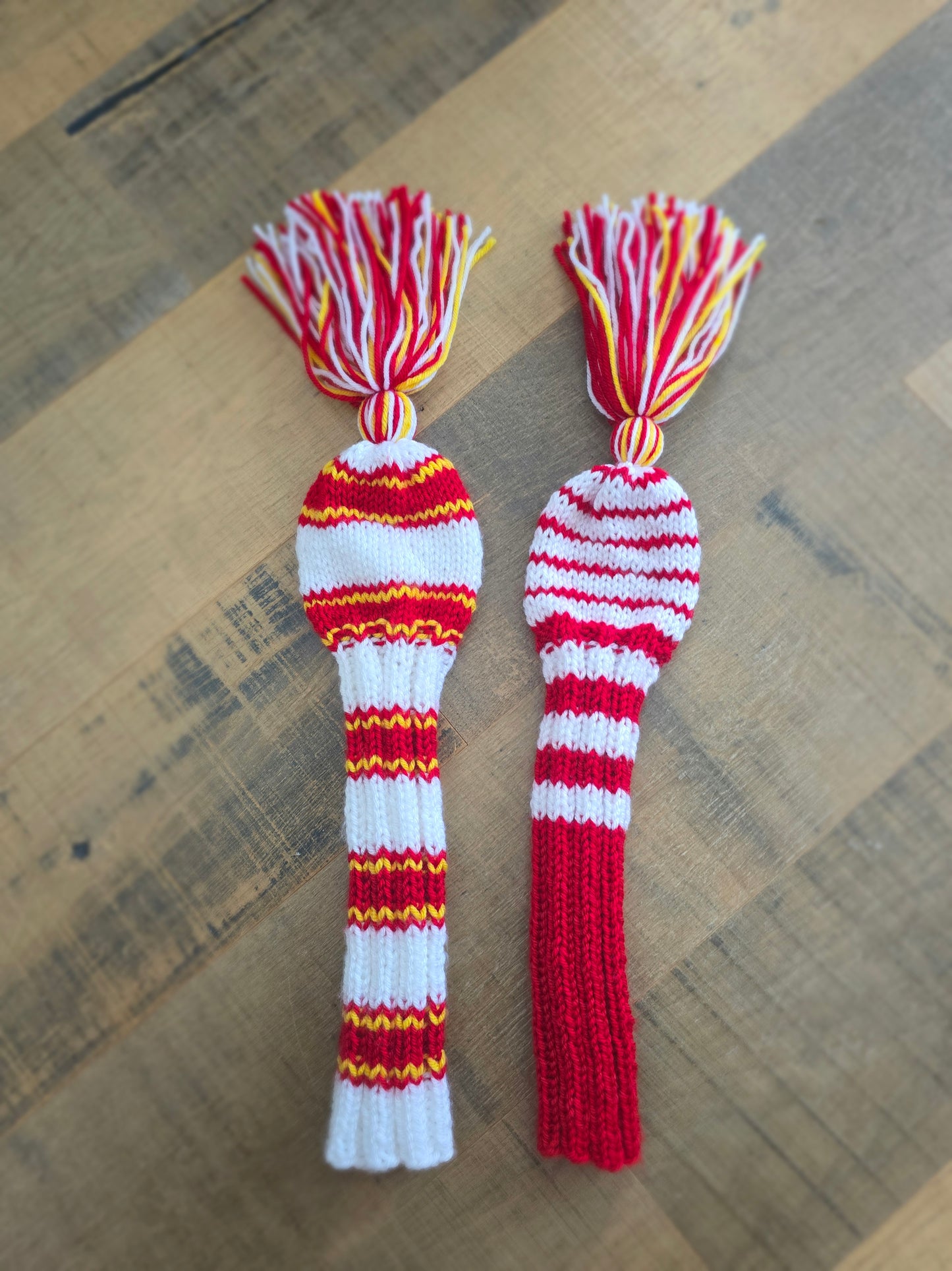 Two Golf Club Head Covers Retro-Vintage Red, Yellow & White with Tassels Driver & Fairway Wood Covers Custom for Kawika