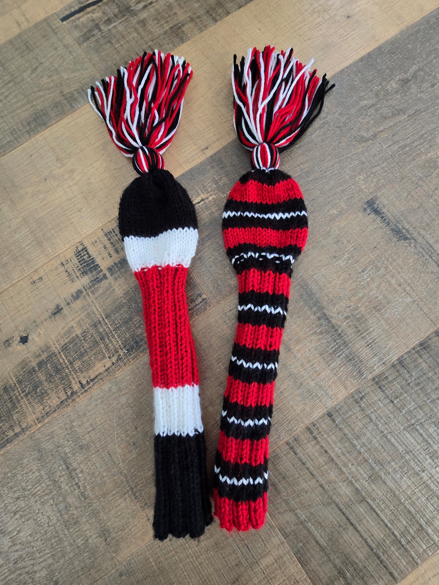 Two Hand Knit Golf Club Head Covers Black, Red & White with Tassels for Fairway Woods