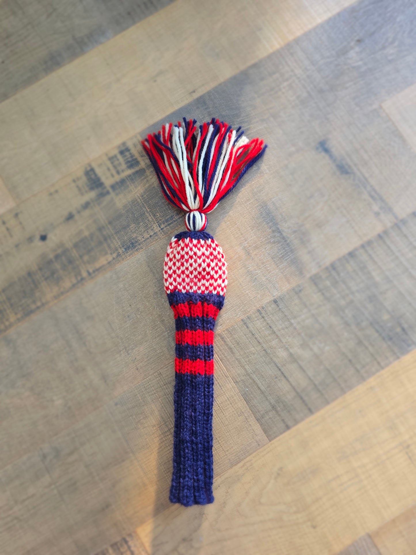 100% Wool Hand Knit Hybrid Golf Club Head Cover Retro-Vintage Blue, Red, & Ivory with Tassel for Ben