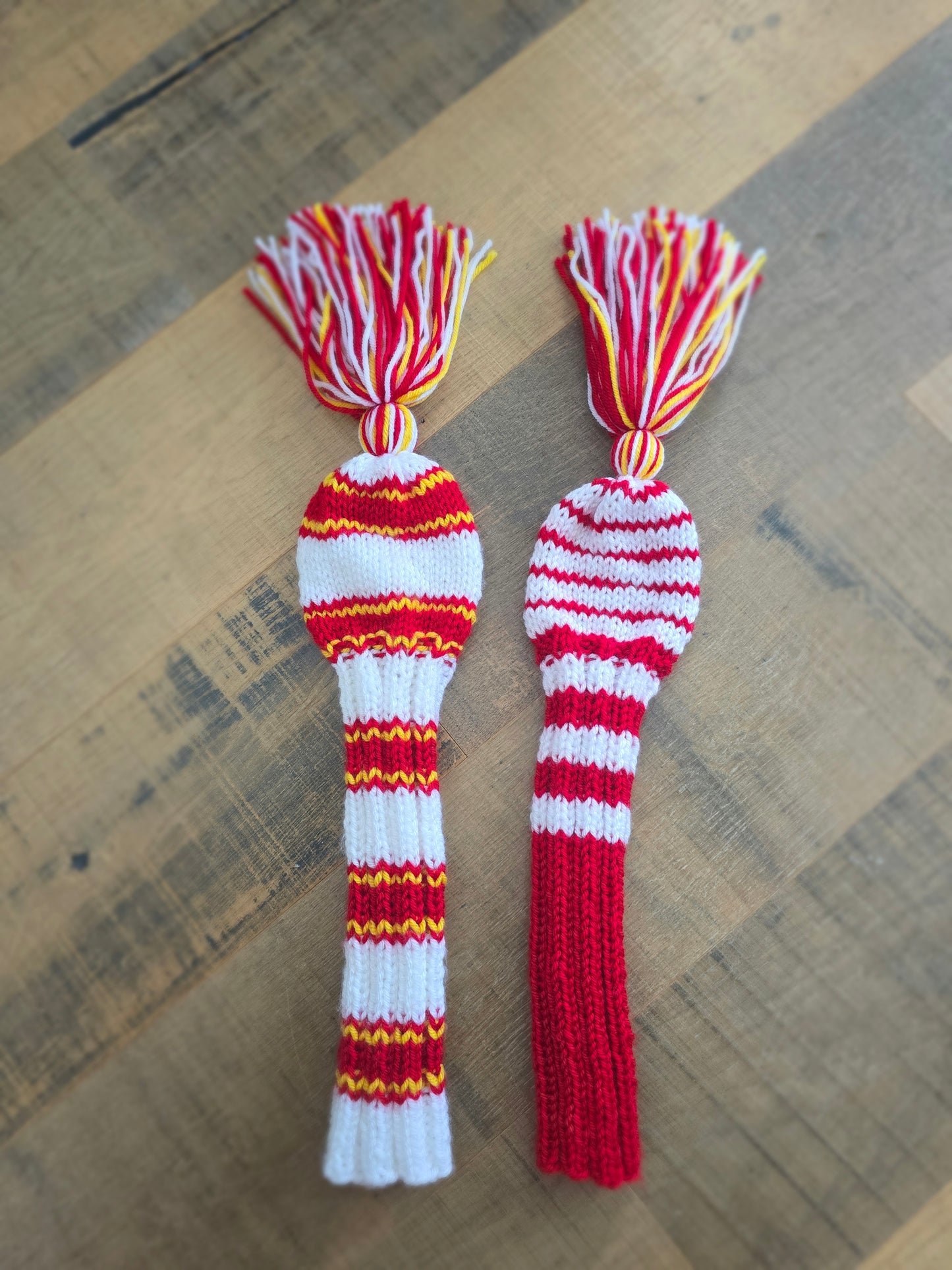 Two Golf Club Head Covers Retro-Vintage Red, Yellow & White with Tassels Driver & Fairway Wood Covers Custom for Kawika