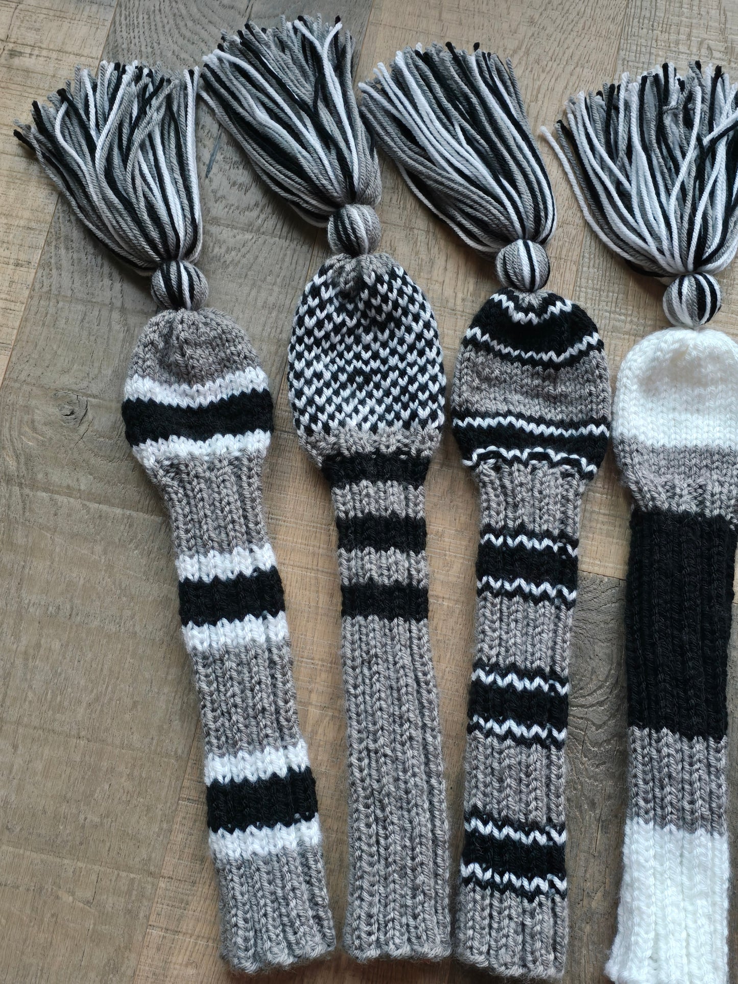 Three Sets Hand Knit Golf Club Head Covers Retro-Vintage Black, Gray and White with Tassels for Woods & Hybrid Clubs Custom for Jeff