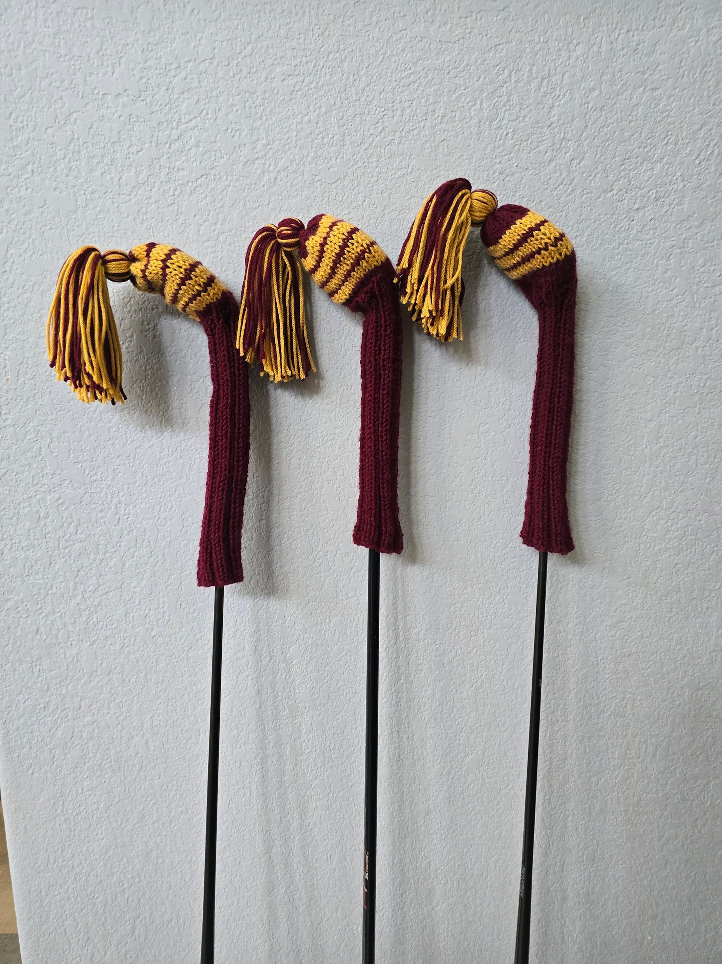 Custom Hand Knit Golf Club Head Covers Retro-Vintage Maroon & Gold with Tassels for 3,4 & 5 Fairway Woods
