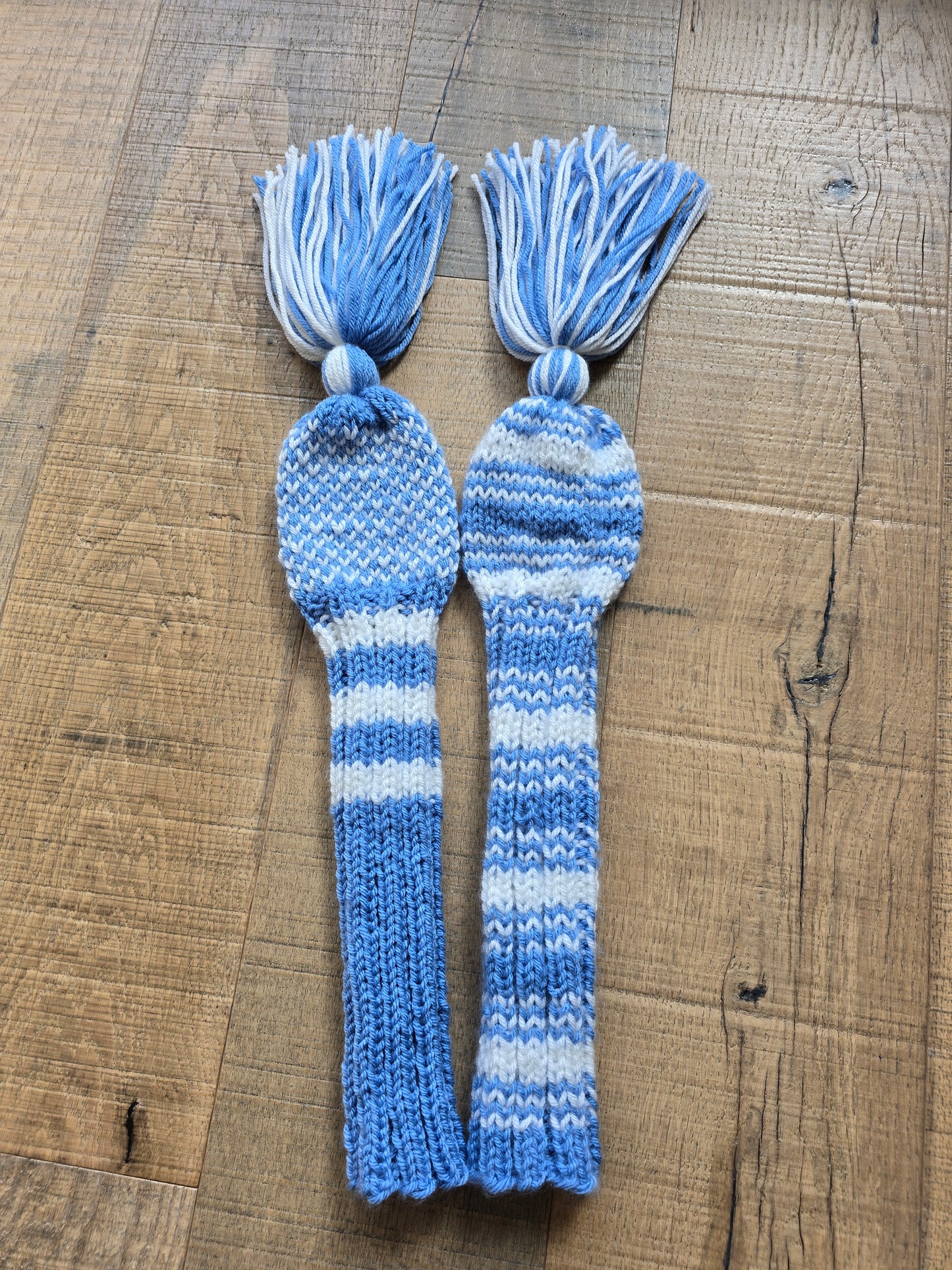 Two Hand Knit Golf Club Head Covers Retro-Vintage Blue & White with Tassels for Woods