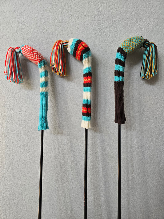 Hand Knit Golf Club Head Covers Retro-Vintage Multi Colored with Tassels for Driver & Fairway Woods Golf Gift