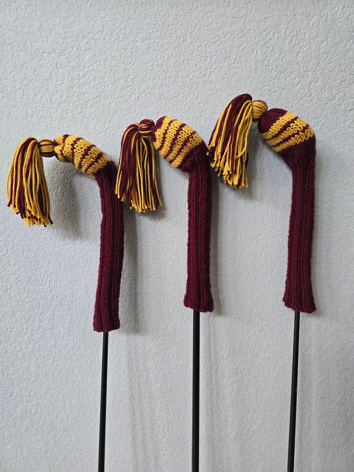 Custom Hand Knit Golf Club Head Covers Retro-Vintage Maroon & Gold with Tassels for 3,4 & 5 Fairway Woods