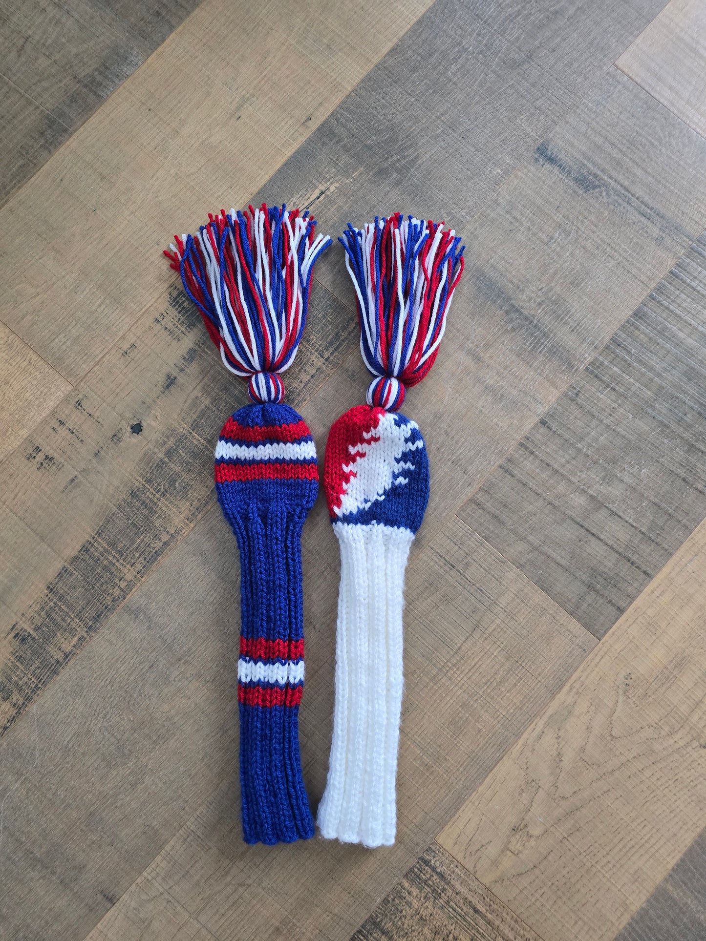 Hand Knit Golf Club Head Covers Retro-Vintage Custom Red, White and Blue Set of Two for Hybrids for Wes