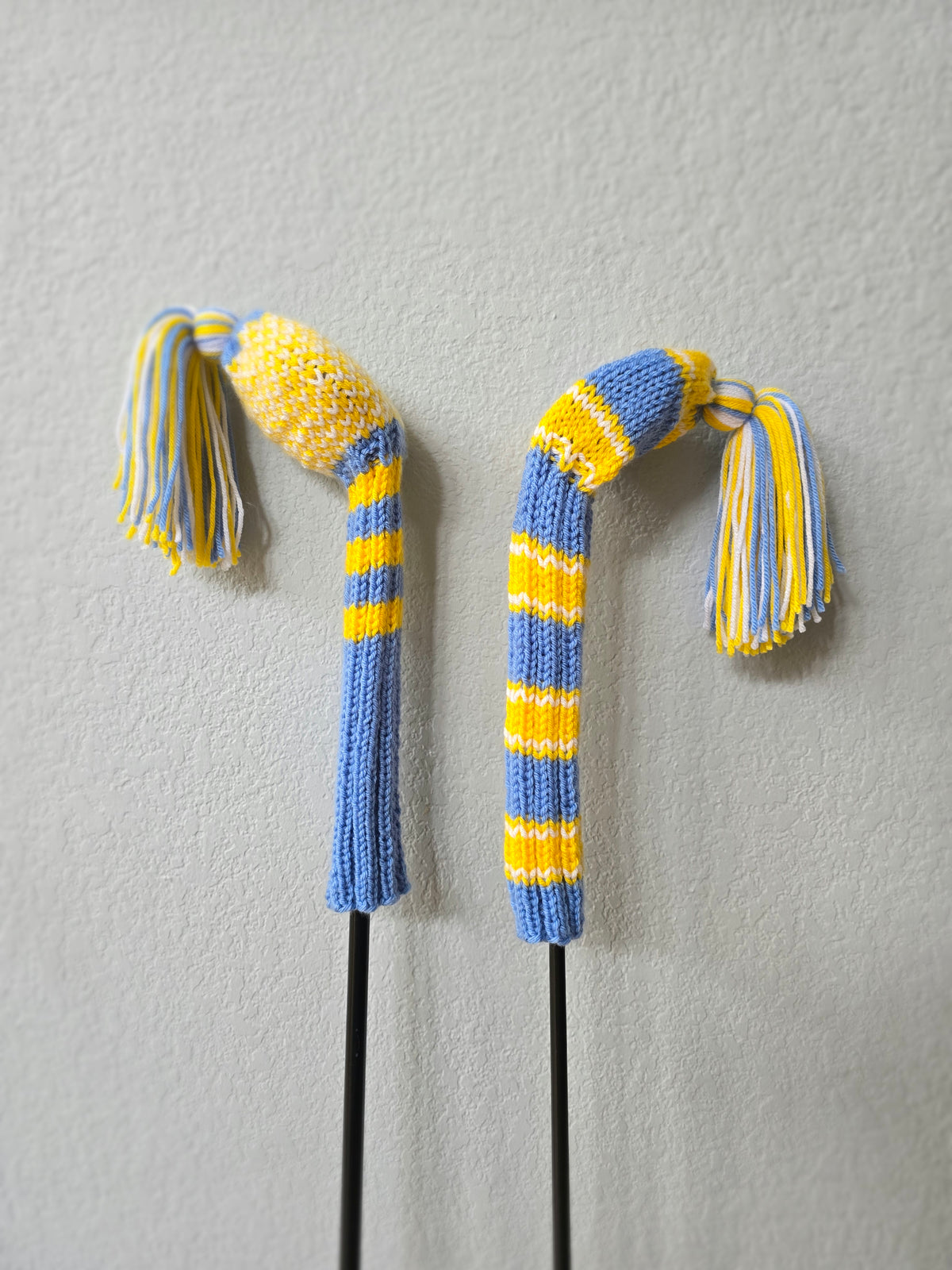Hand Knit Golf Club Head Covers Retro-Vintage Blue, Yellow & White with Tassels for Fairway Woods