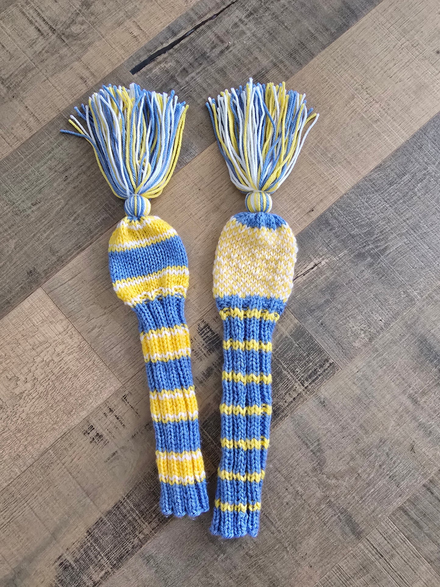 Hand Knit Golf Club Head Covers Retro-Vintage Blue, Yellow & White with Tassels for Fairway Woods