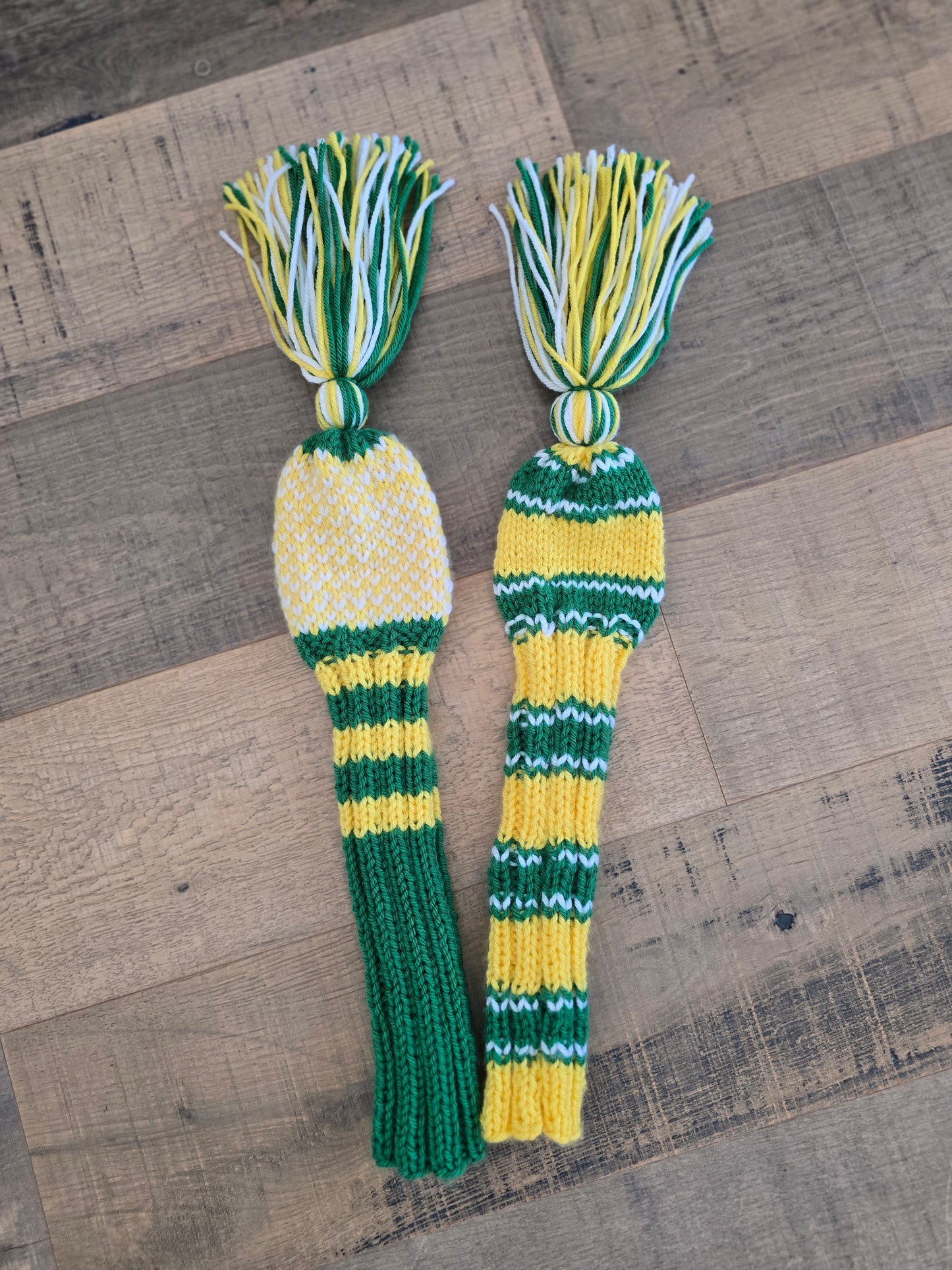 Hand Knit Golf Club Head Covers Retro-Vintage Green, Yellow & White with Tassels for Fairway Woods