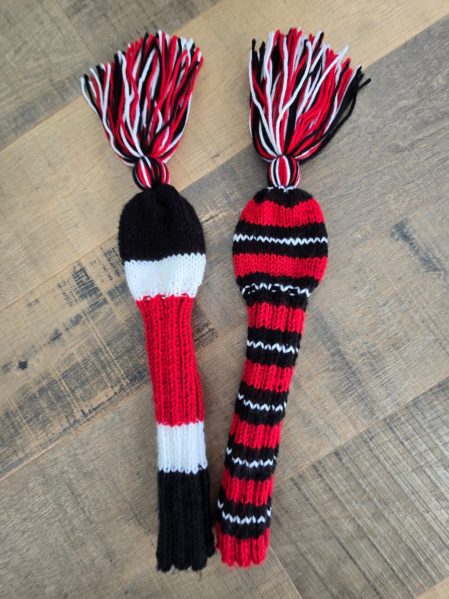Two Hand Knit Golf Club Head Covers Black, Red & White with Tassels for Fairway Woods