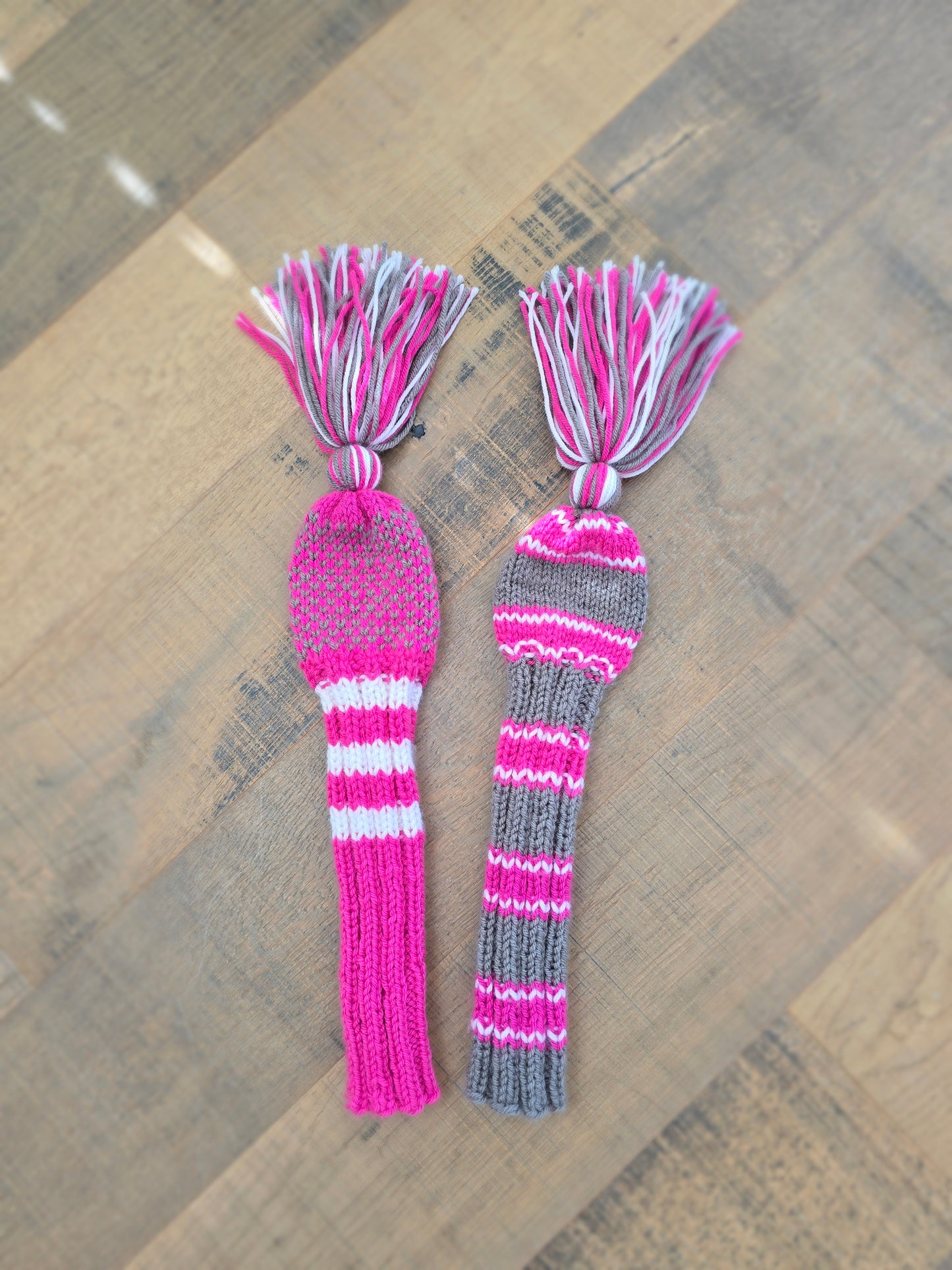 Two Golf Club Head Covers Retro-Vintage Pink, Gray & White with Tassels for Fairway Wood & Driver