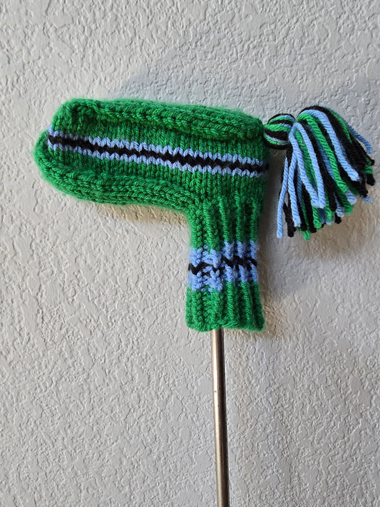 Hand Knit Golf Club Head Cover Retro-Vintage Green, Black & Blue for Putter with Tassel