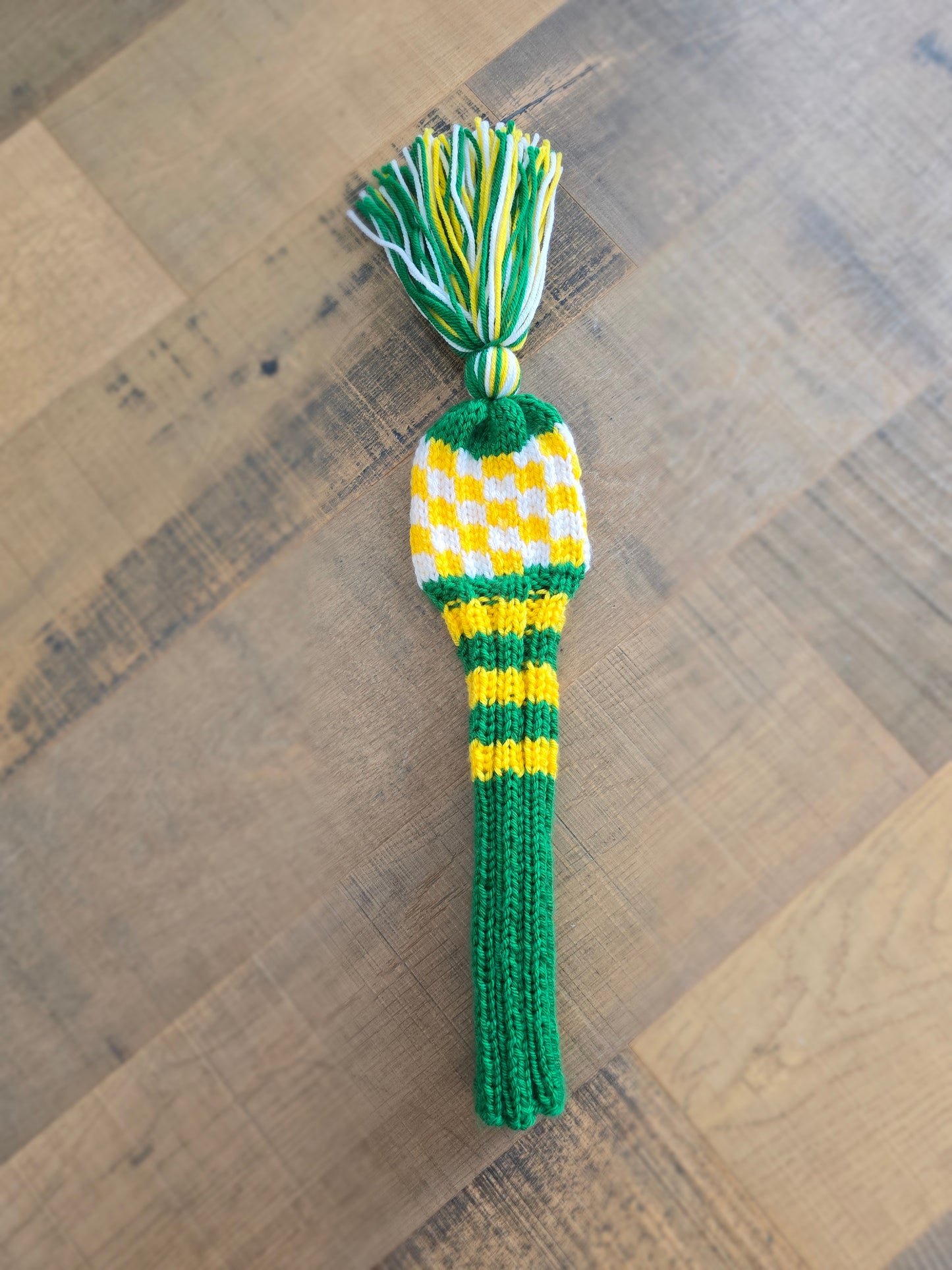 One Hand Knit Golf Club Head Covers Retro-Vintage Green, Yellow & White with Tassel for 5 Wood Custom for Eric