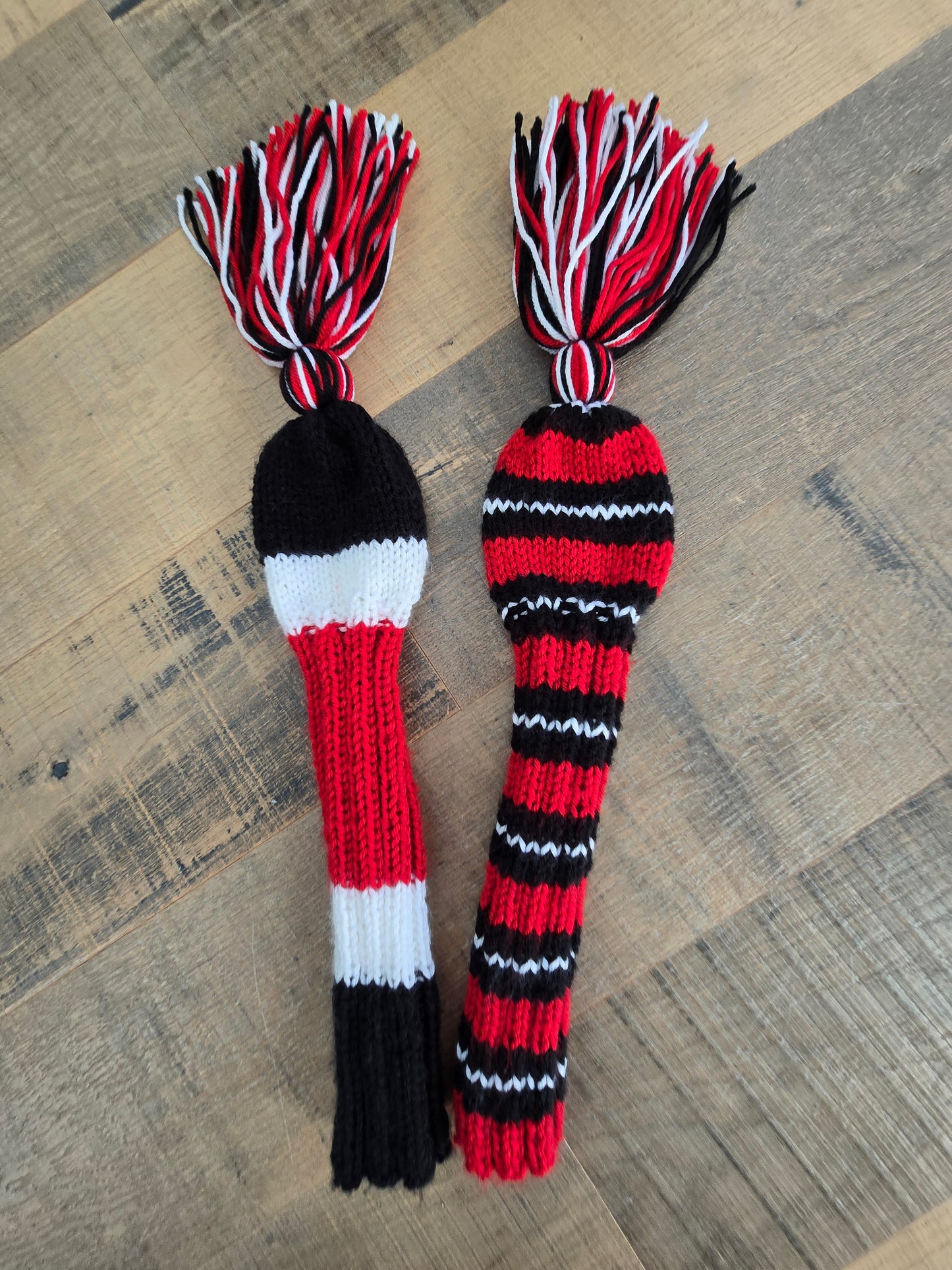 Two Hand Knit Golf Club Head Covers Black, Red & White with Tassels for Fairway Woods