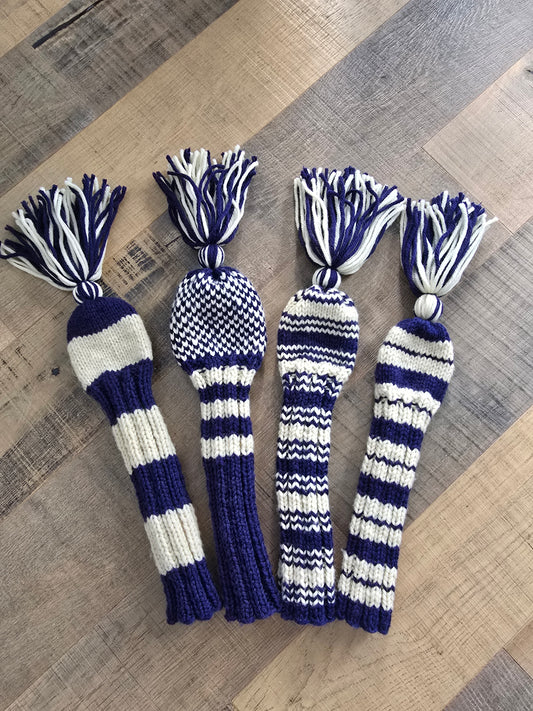 Four 100% Wool Hand Knit Golf Club Head Cover Retro-Vintage Navy & Ivory with Tassels for Driver, Fairway Woods and Hybrid