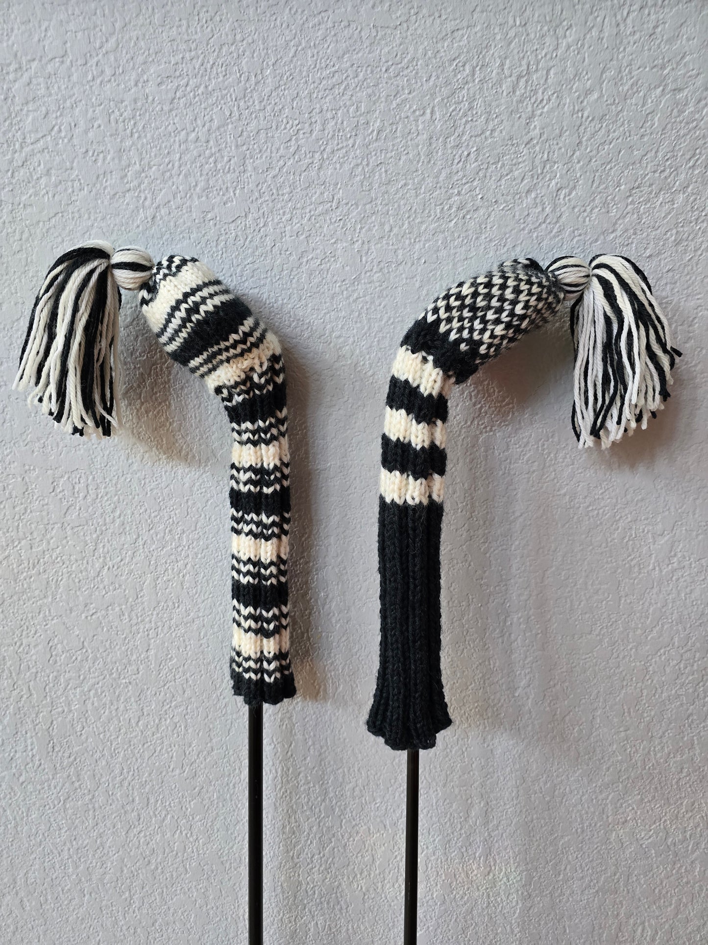 Two 100% Wool Hand Knit Golf Club Head Cover Retro-Vintage Dark Gray & Ivory with Tassel for Fairway Woods
