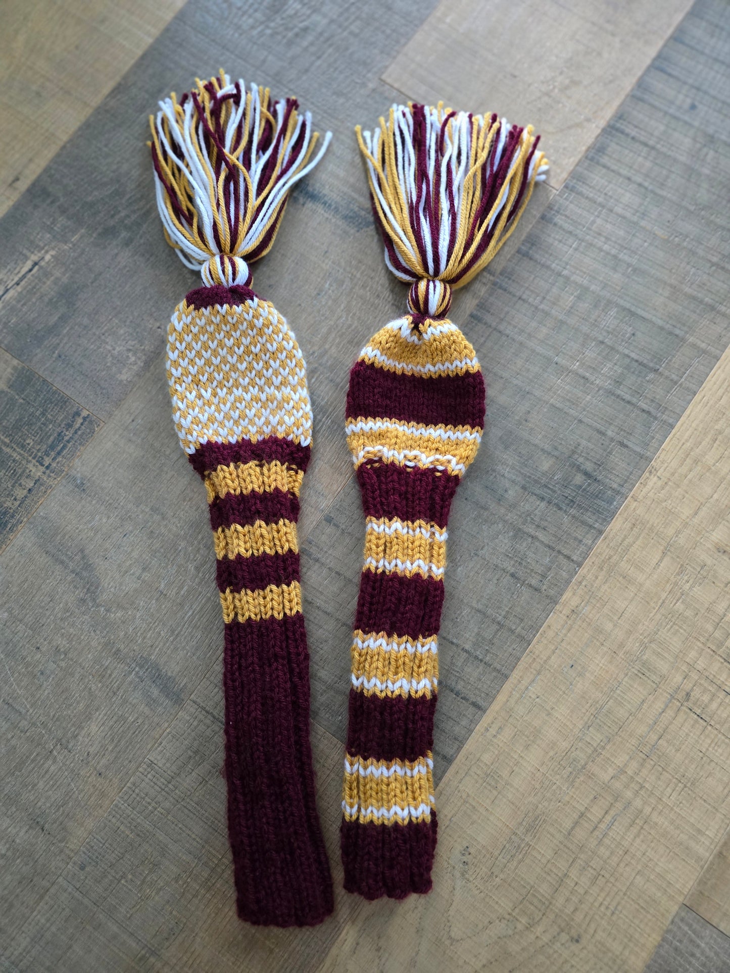 Two Golf Club Head Covers Retro-Vintage Burgundy, Gold & White with Tassels for Fairway Woods