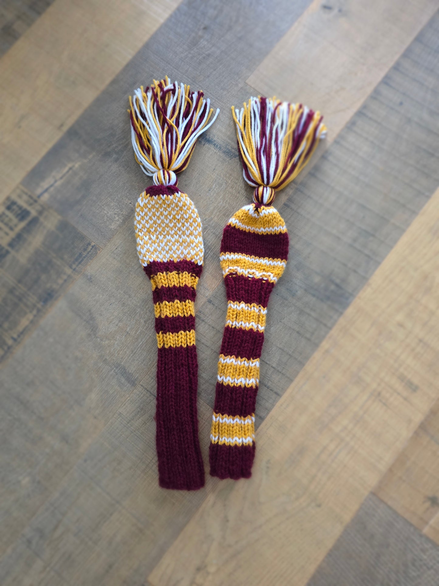 Two Golf Club Head Covers Retro-Vintage Burgundy, Gold & White with Tassels for Fairway Woods